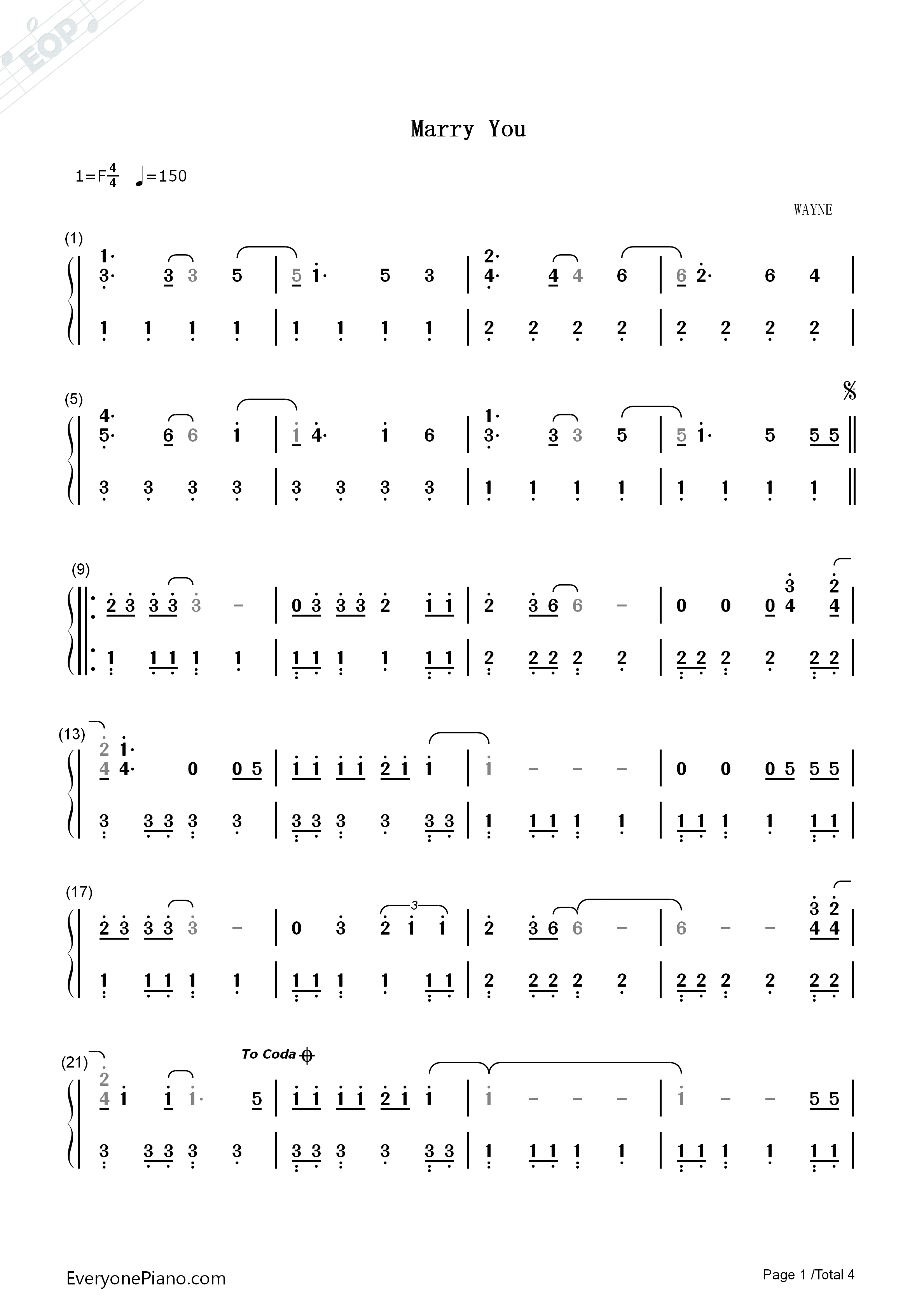 Marry_You_钢琴简谱_Bruno_Mars演唱