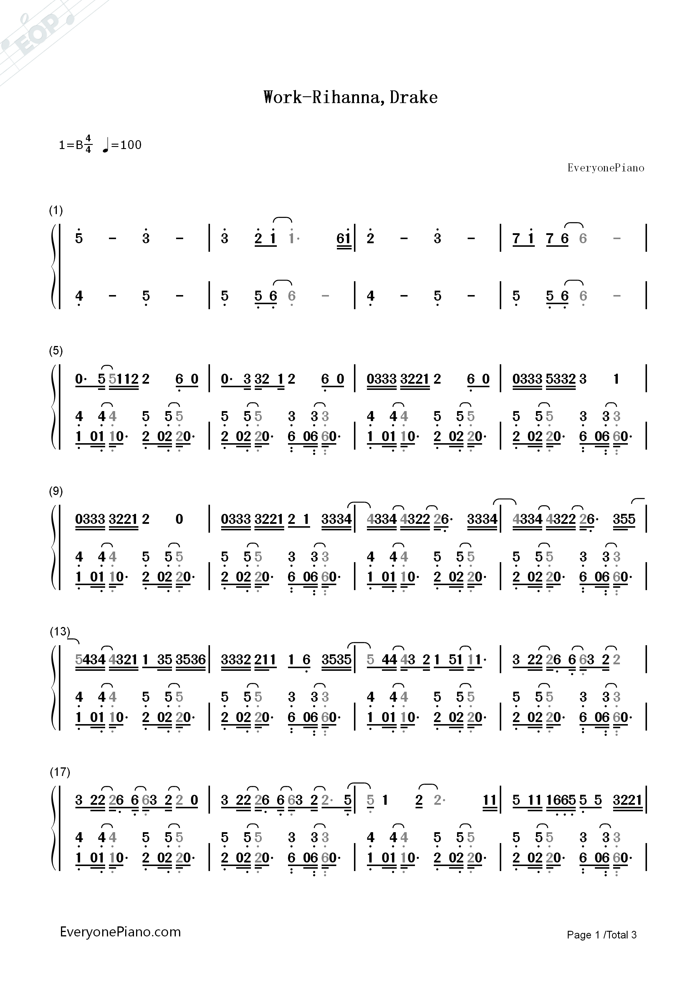 Work钢琴简谱_Rihanna_Drake演唱