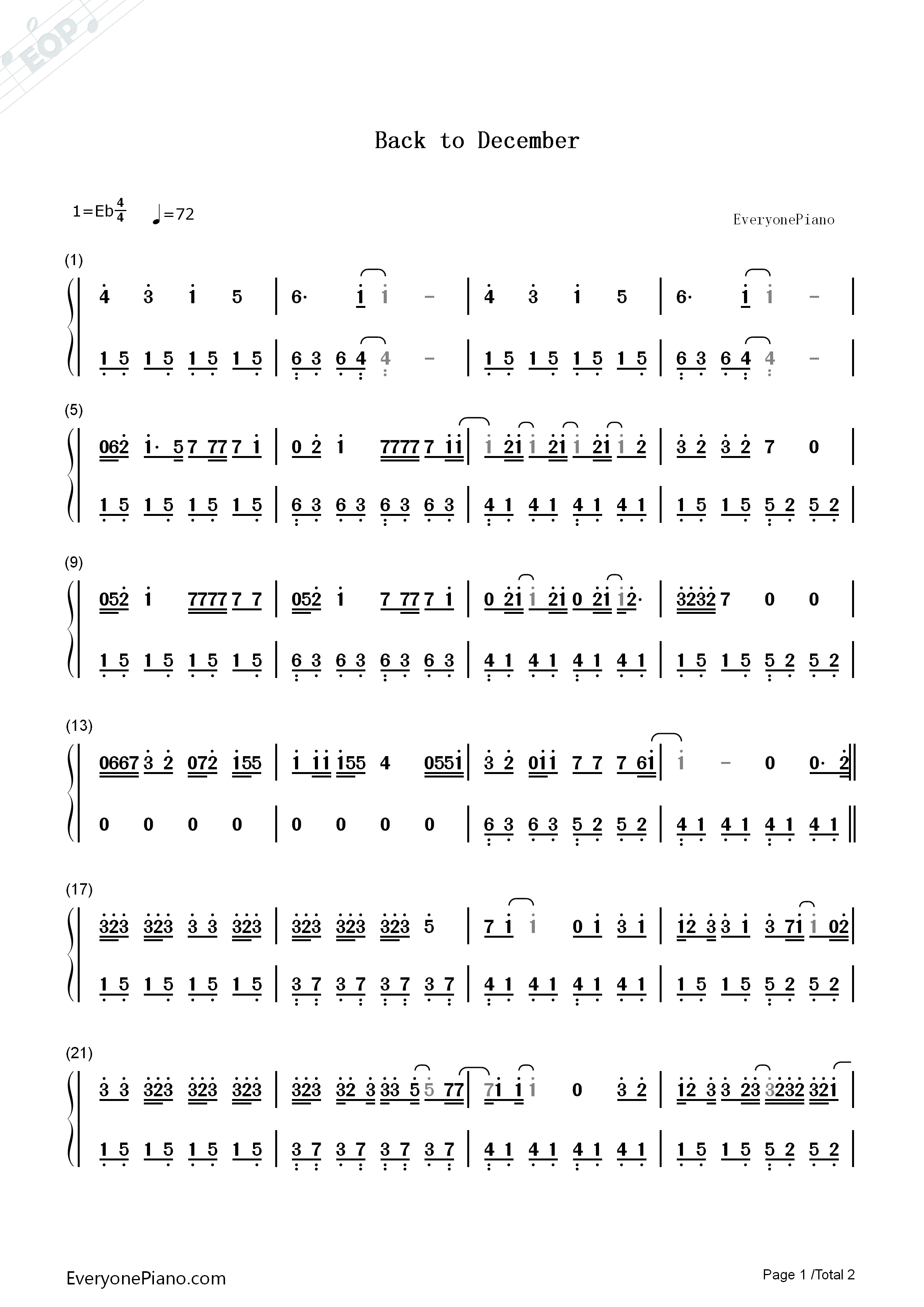 Back_to_December钢琴简谱_泰勒·斯威夫特__Taylor_Swift演唱