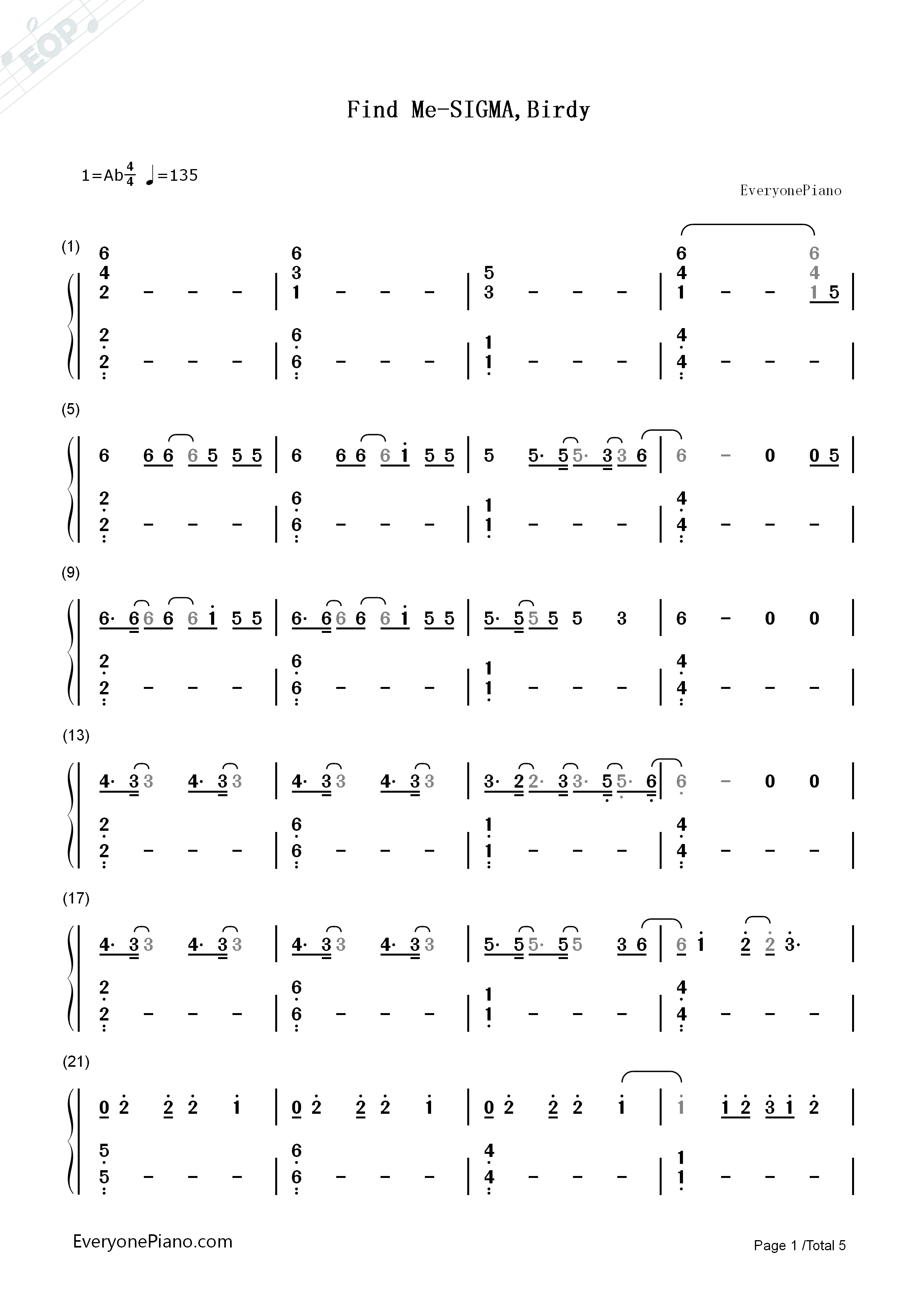 Find_Me钢琴简谱_SIGMA_Birdy演唱