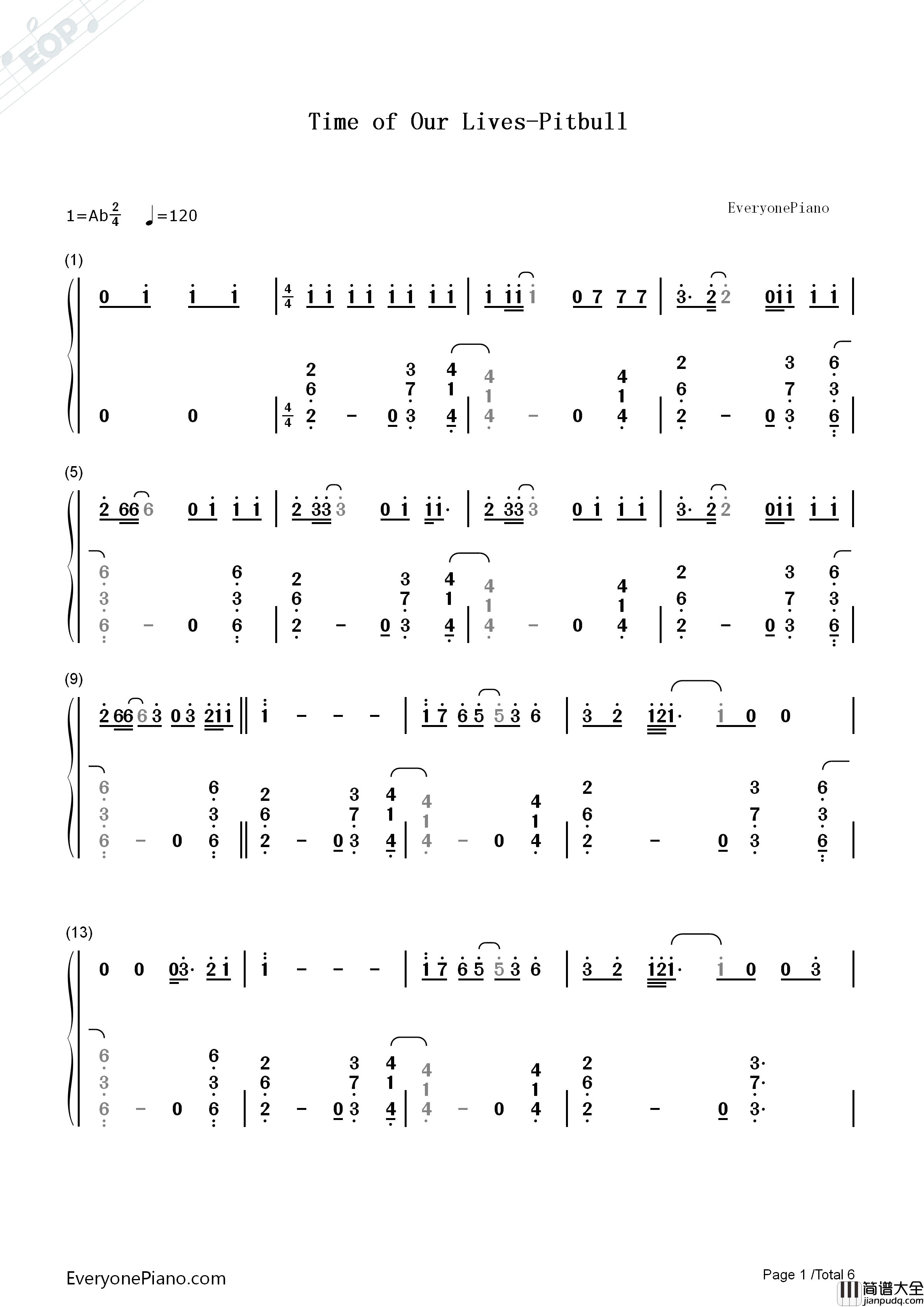 Time_of_Our_Lives钢琴简谱_Pitbull演唱
