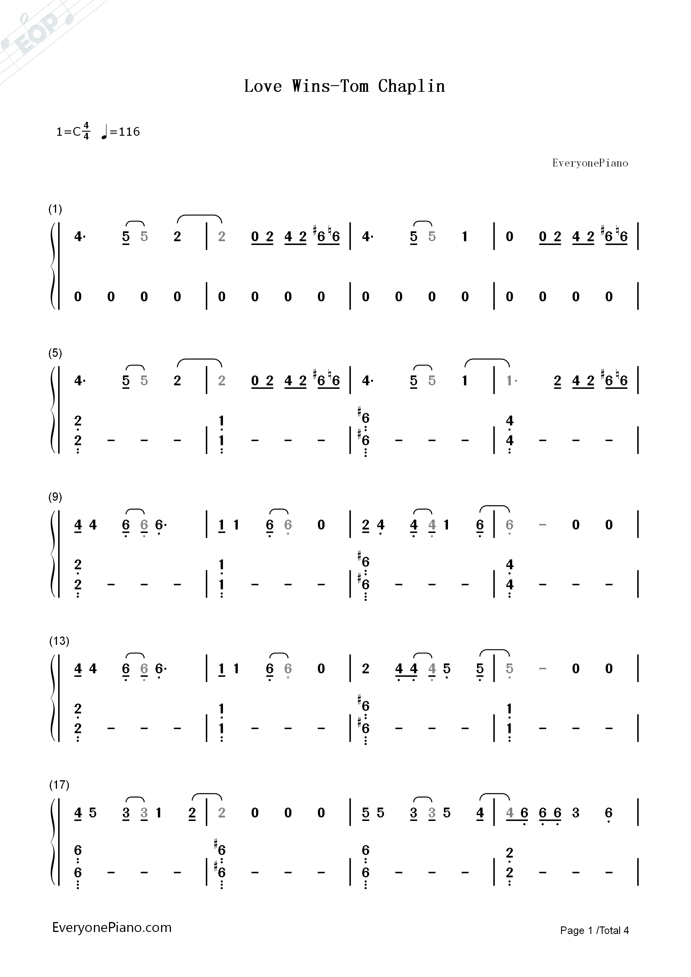 Love_Wins钢琴简谱_Tom_Chaplin演唱