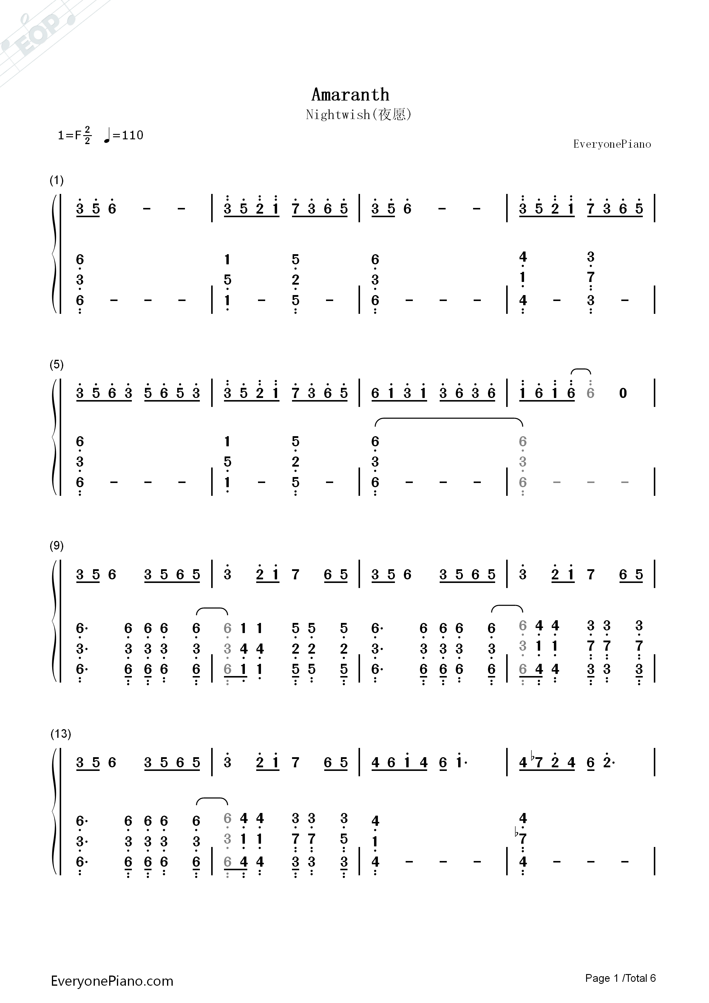 Amaranth钢琴简谱_Nightwish演唱