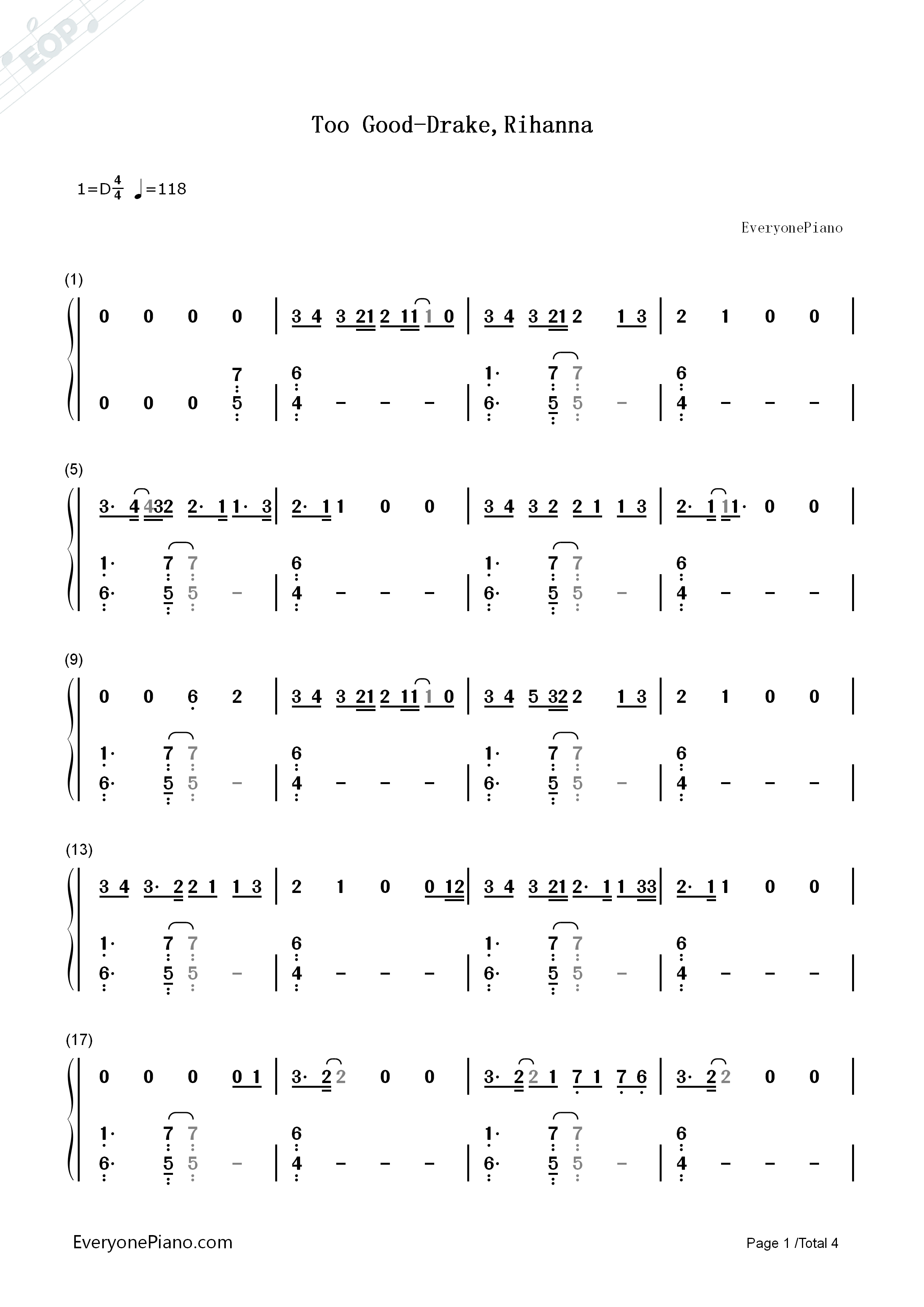 Too_Good钢琴简谱_Drake_Rihanna演唱