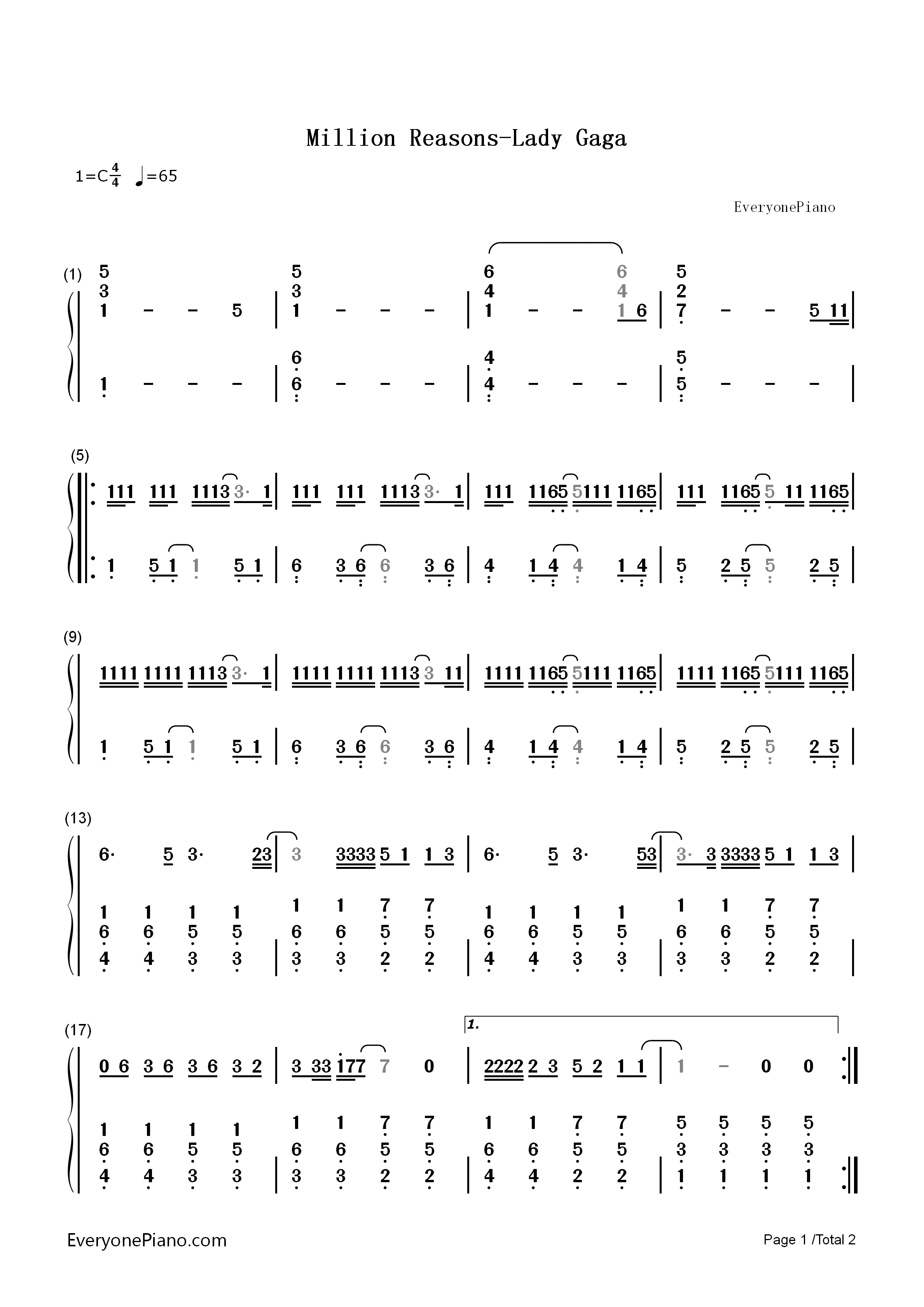 Million_Reasons钢琴简谱_Lady_Gaga演唱