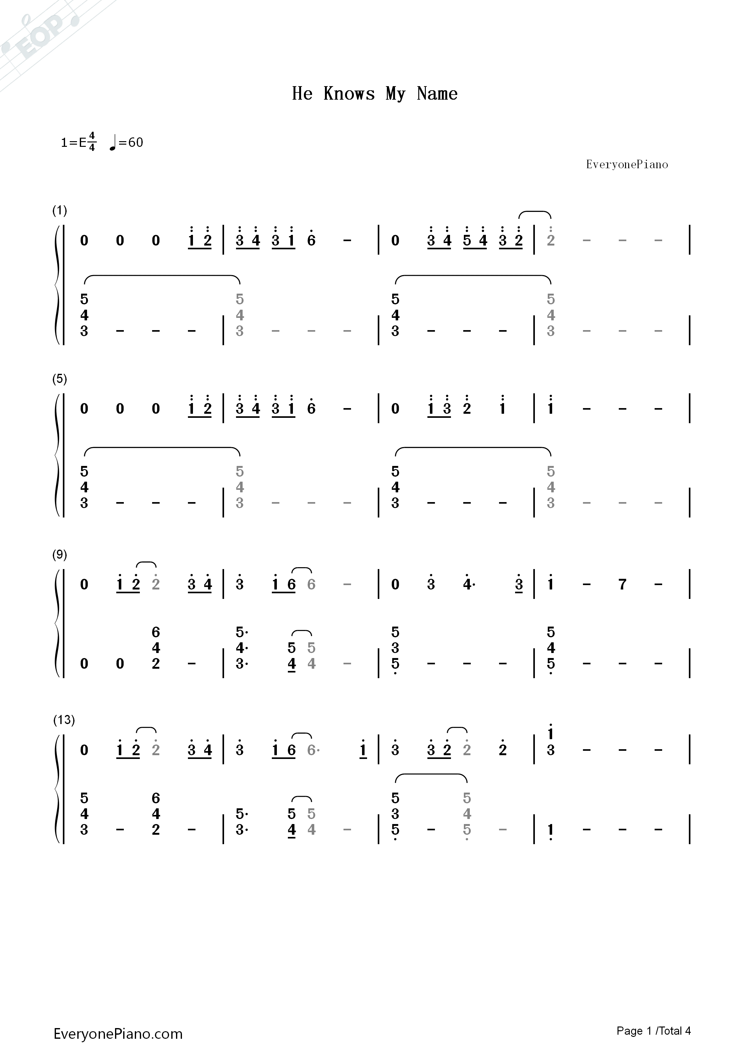 He_Knows_My_Name钢琴简谱_Yiruma演唱