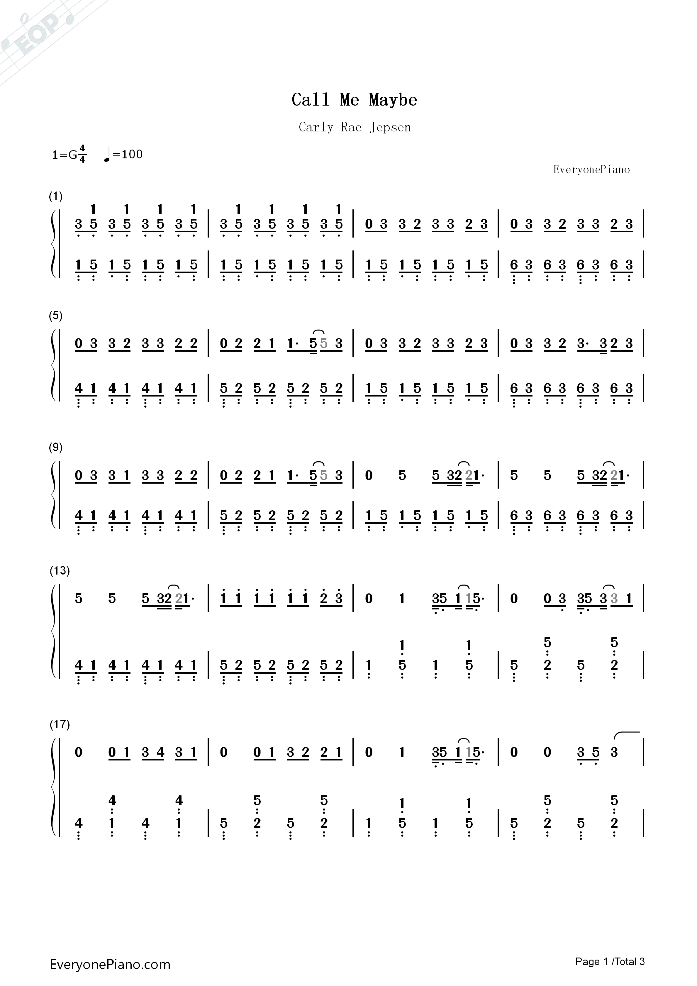 Call_Me_Maybe钢琴简谱_Carly_Rae_Jepsen演唱
