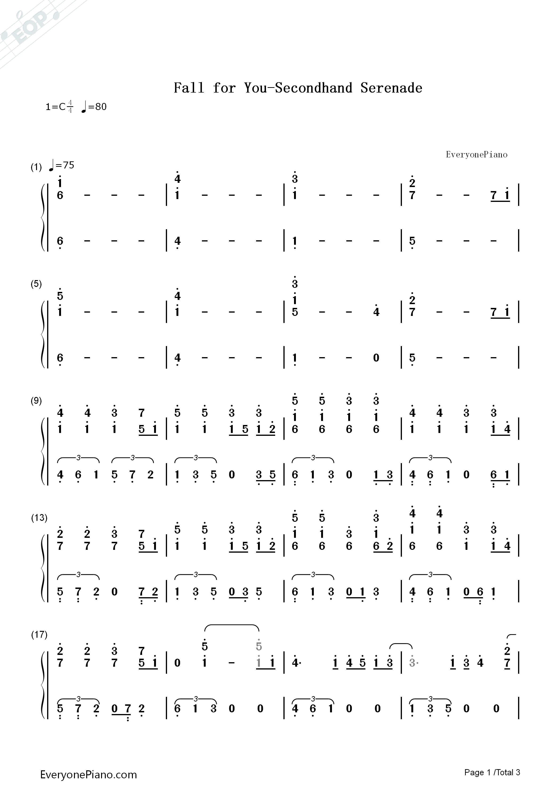 Fall_for_You钢琴简谱_Secondhand_Serenade演唱