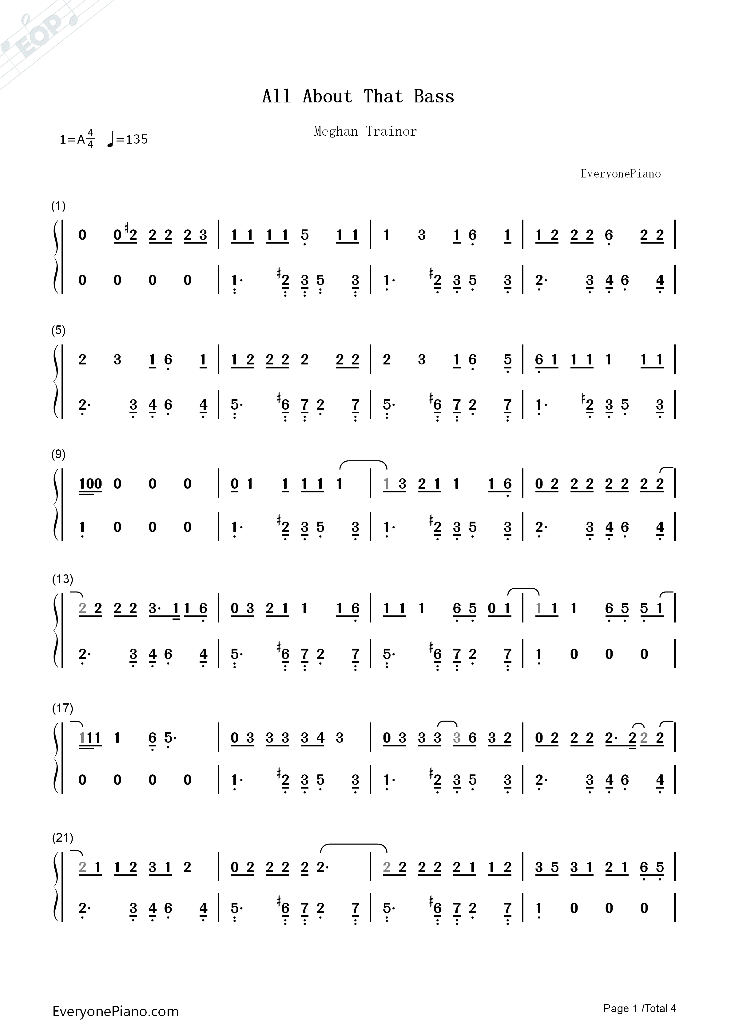 All_About_That_Bass钢琴简谱_Meghan_Trainor演唱