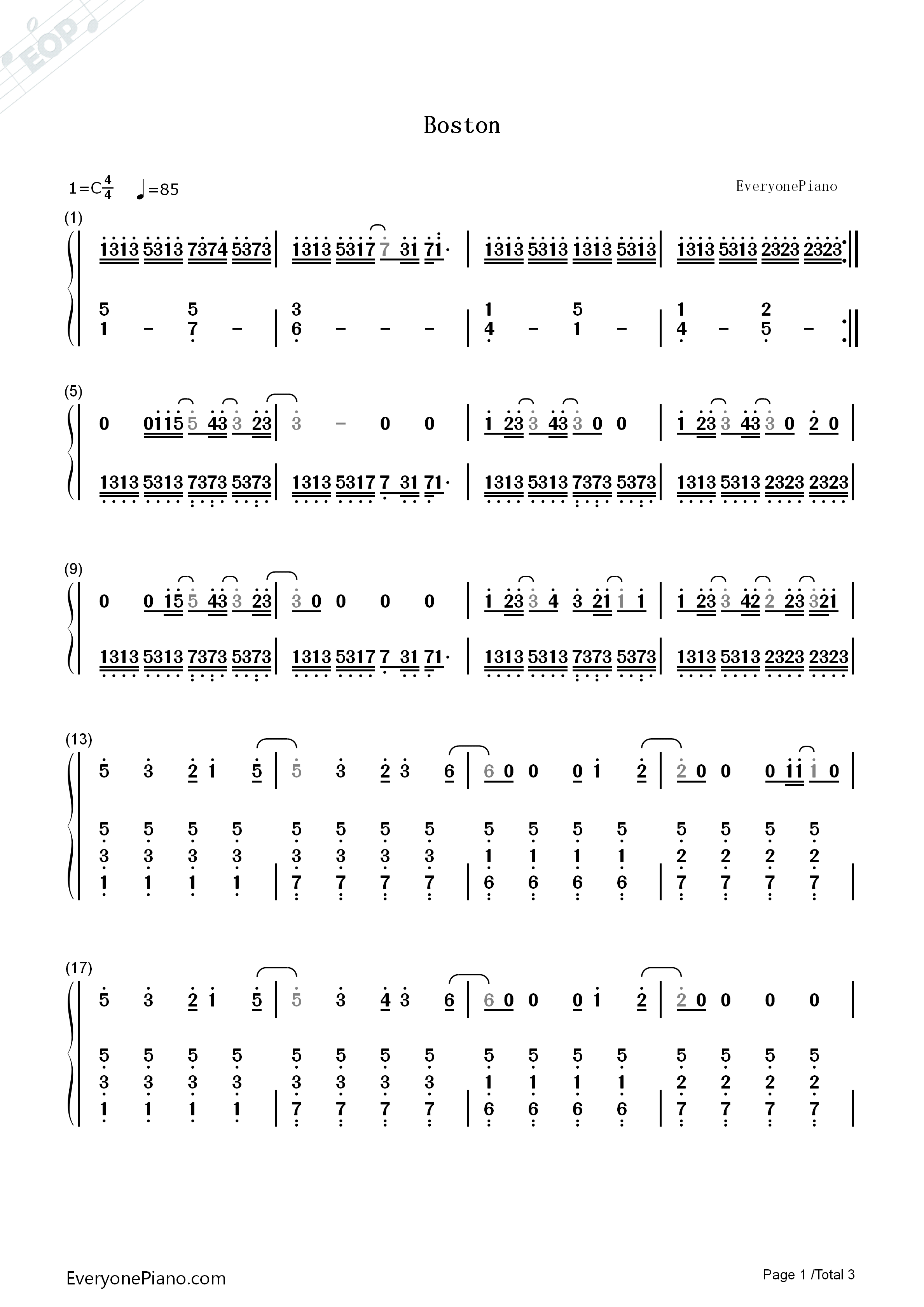 Boston钢琴简谱_AUGUSTANA演唱