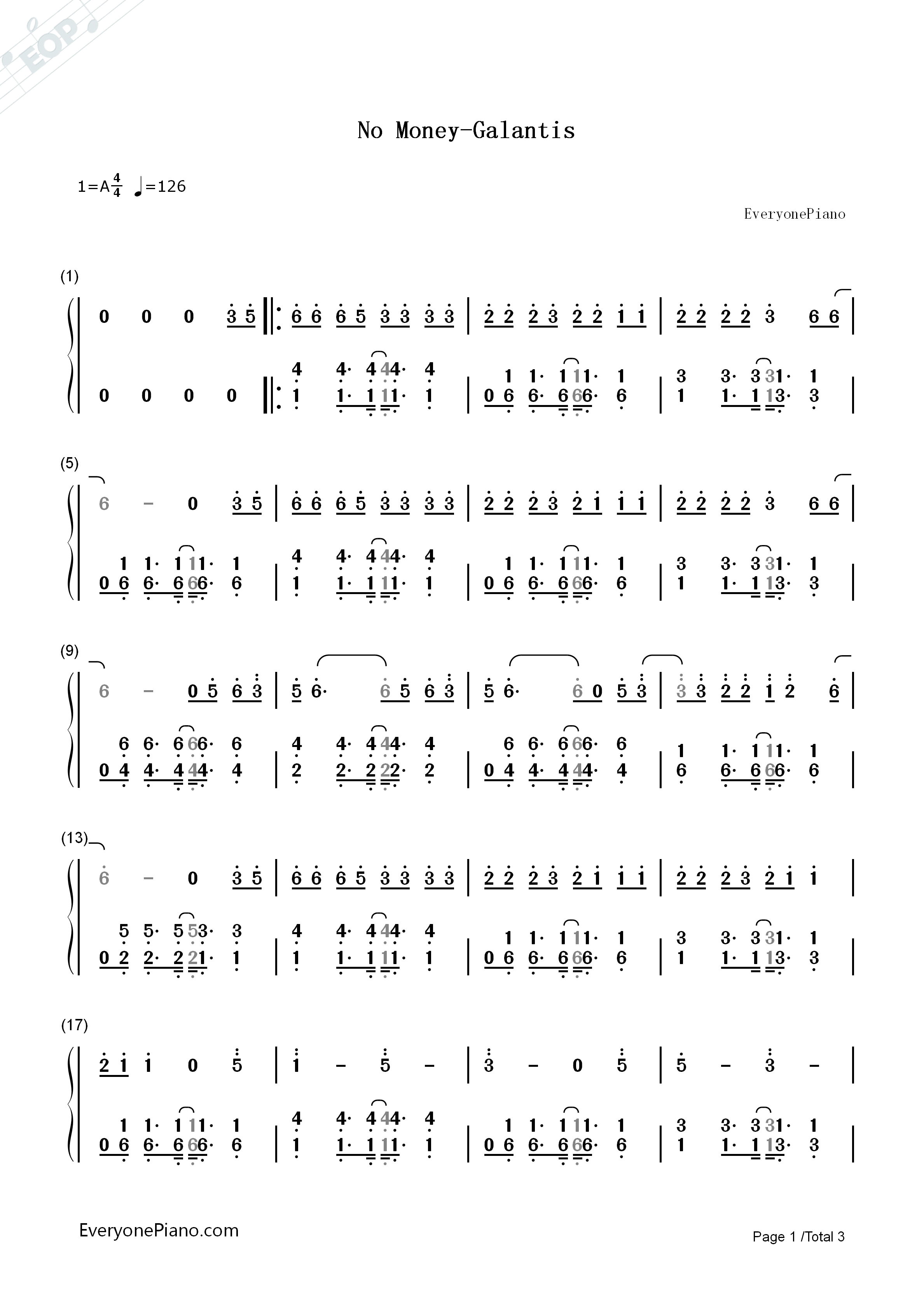 No_Money钢琴简谱_Galantis演唱