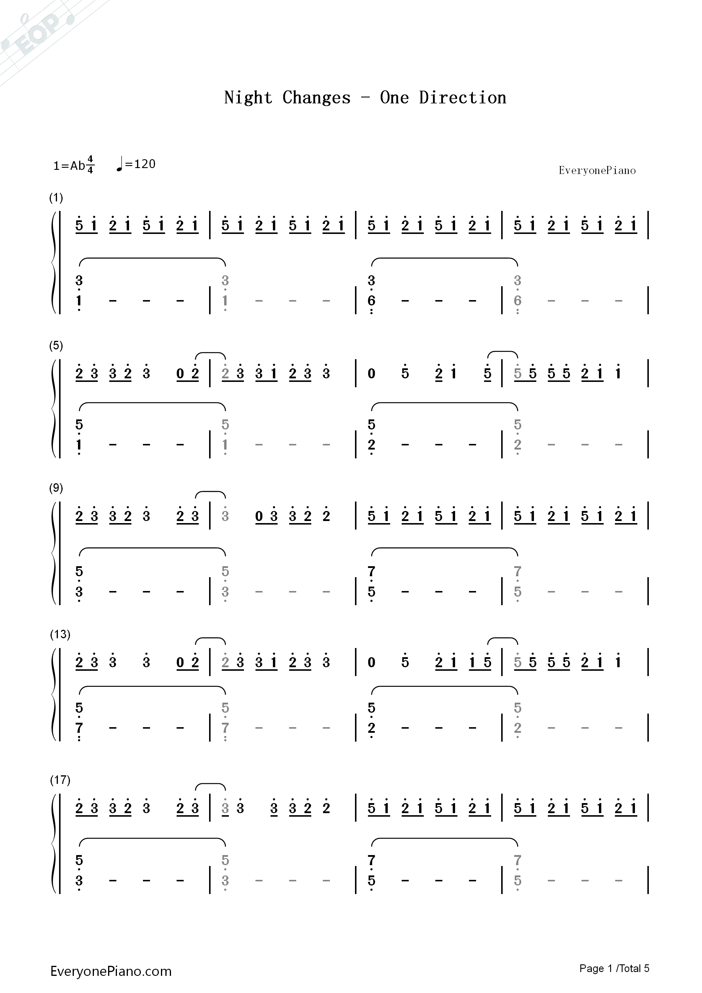 Night_Changes钢琴简谱_One_Direction演唱