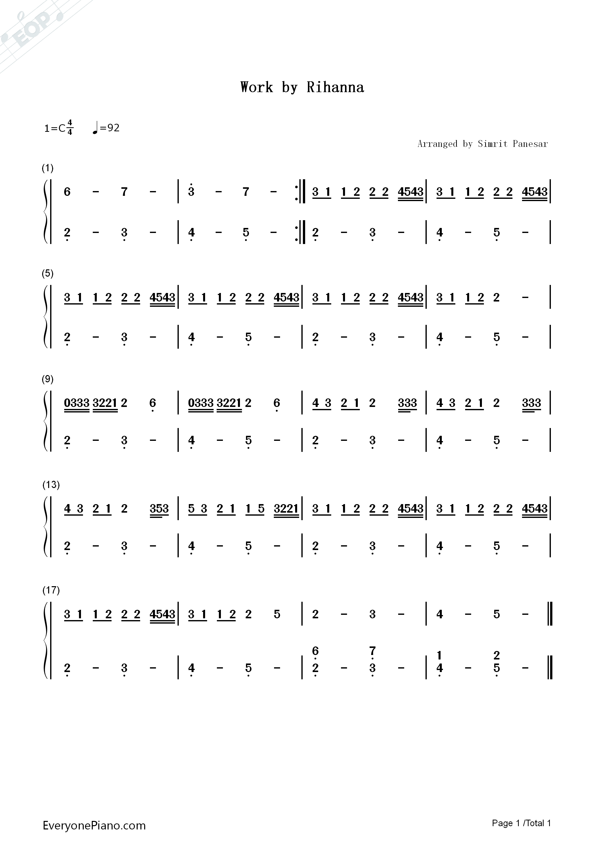 Work简单版钢琴简谱_Rihanna演唱