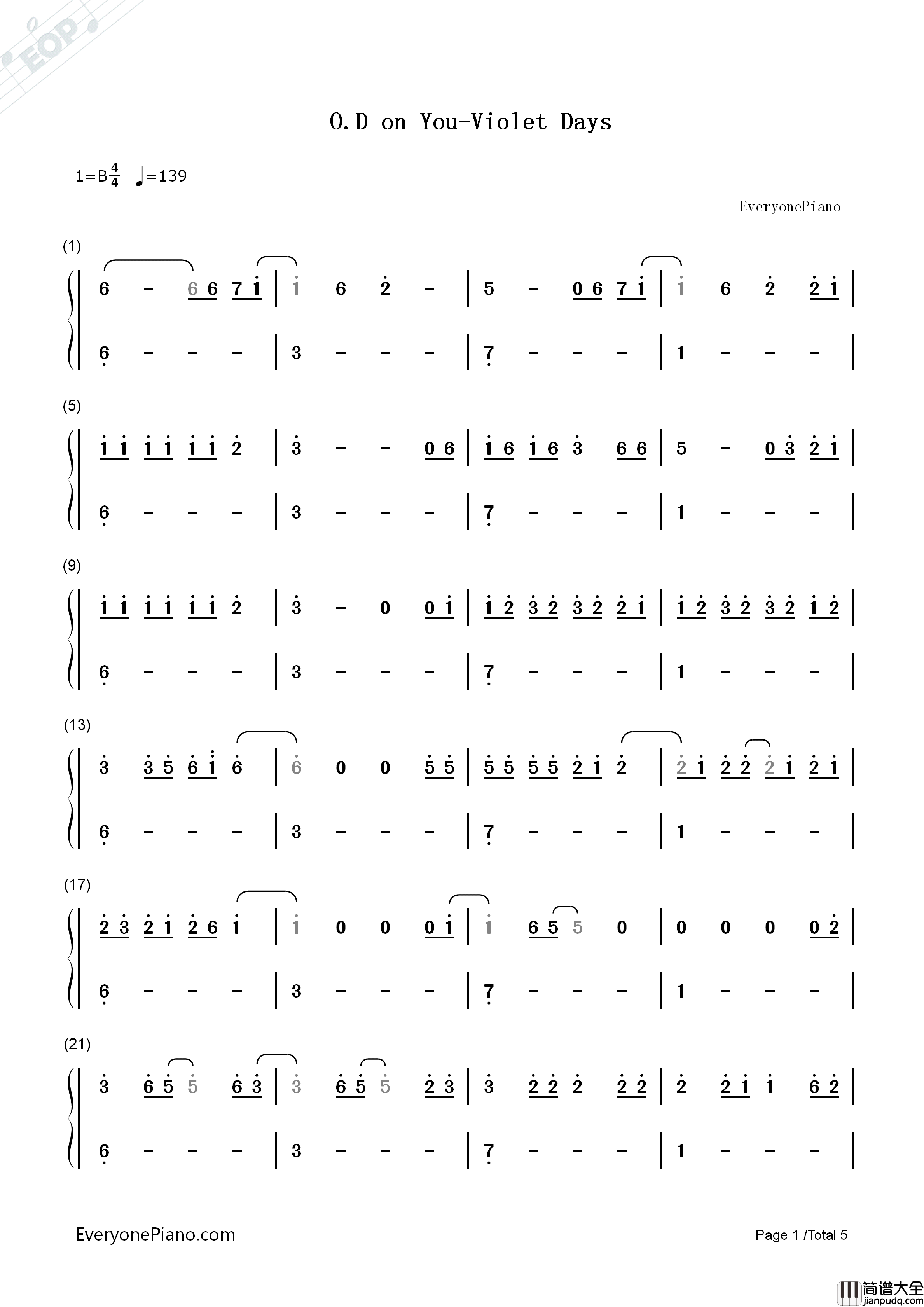 O.D_on_You钢琴简谱_Violet_Days演唱