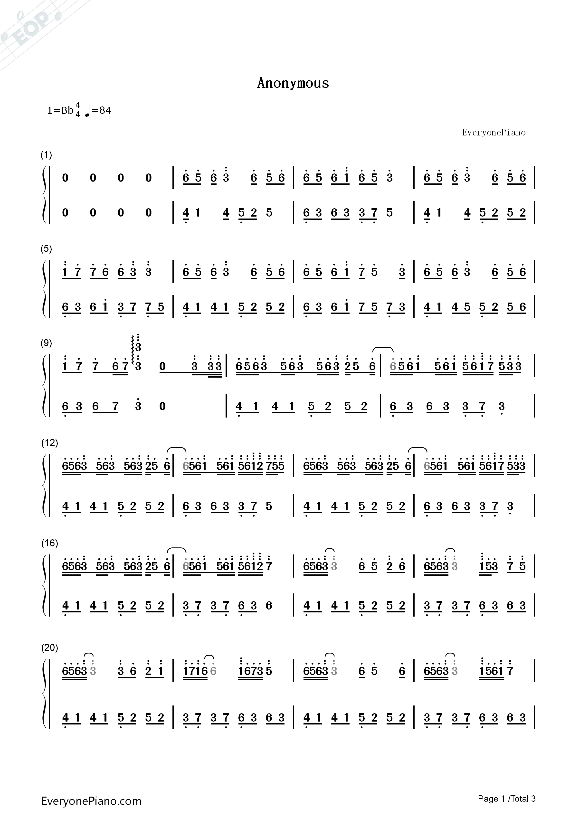 Anonymous钢琴简谱_Noicybino演唱