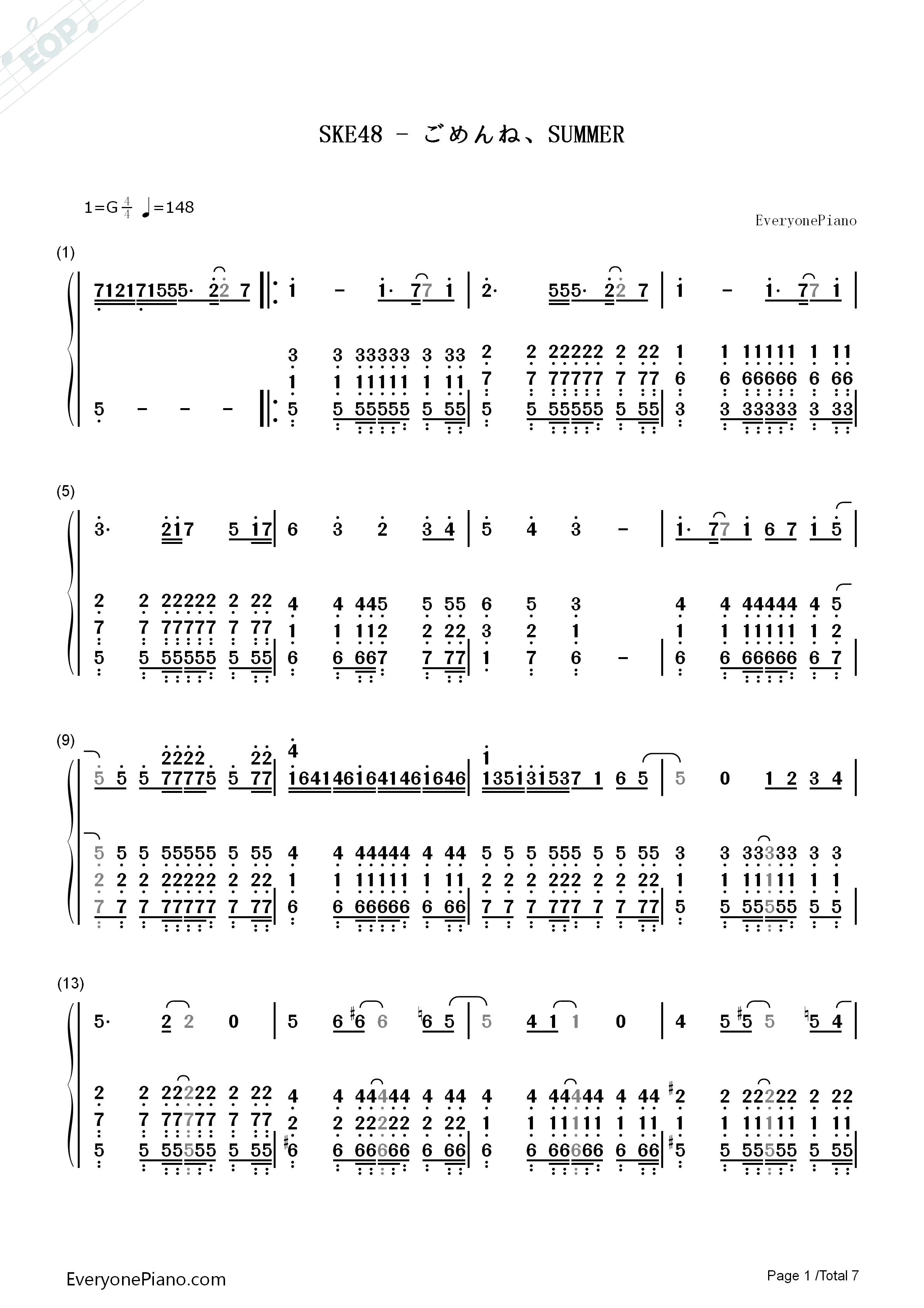 ごめんね、SUMMER钢琴简谱_SKE48演唱