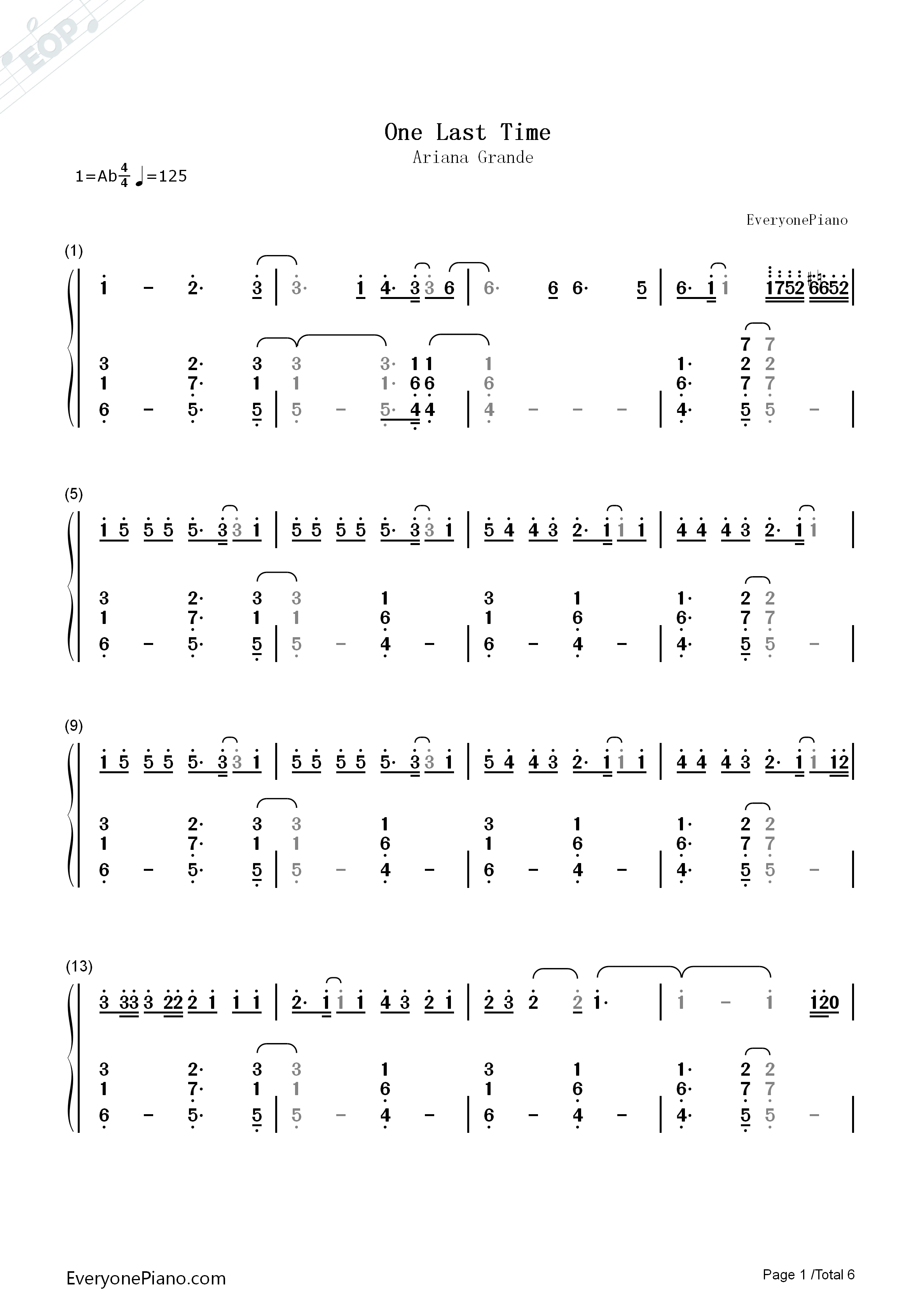 One_Last_Time钢琴简谱_Ariana_Grande演唱