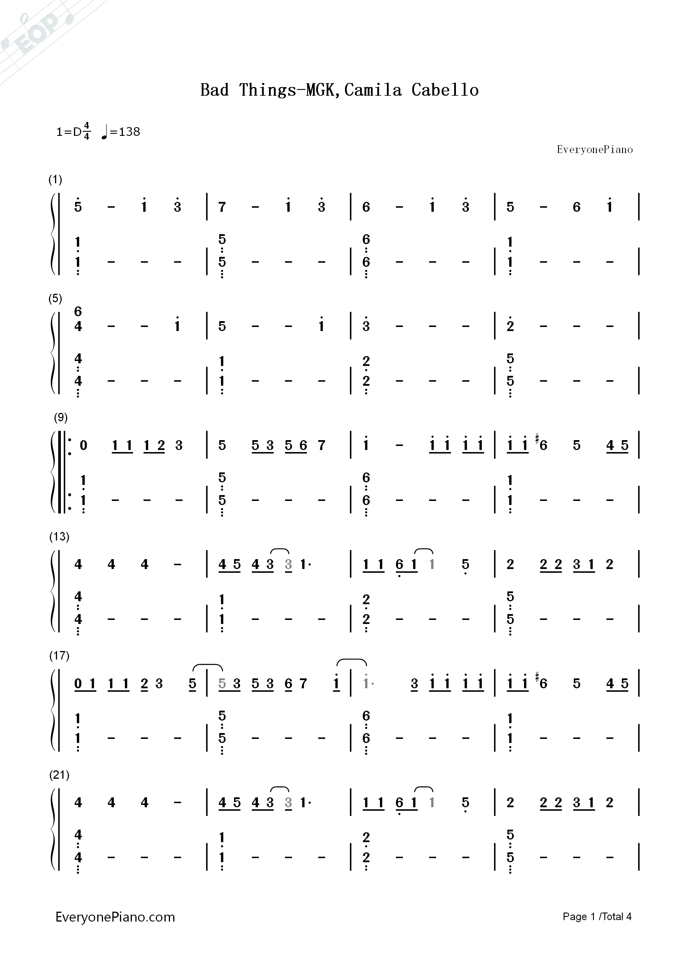 Bad_Things钢琴简谱_MGK_Camila_Cabello演唱