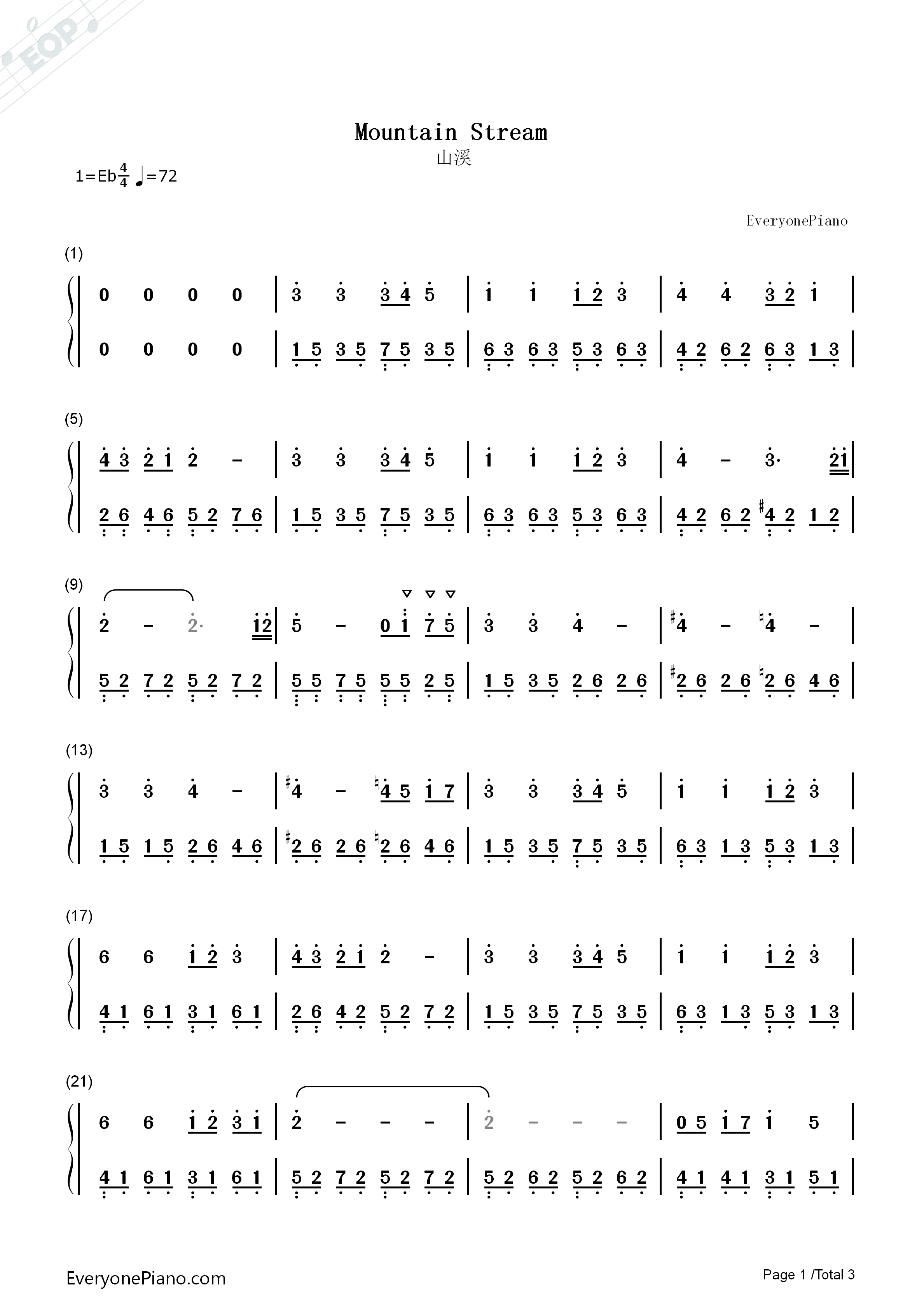 山溪Mountain_Stream钢琴简谱_班得瑞演唱