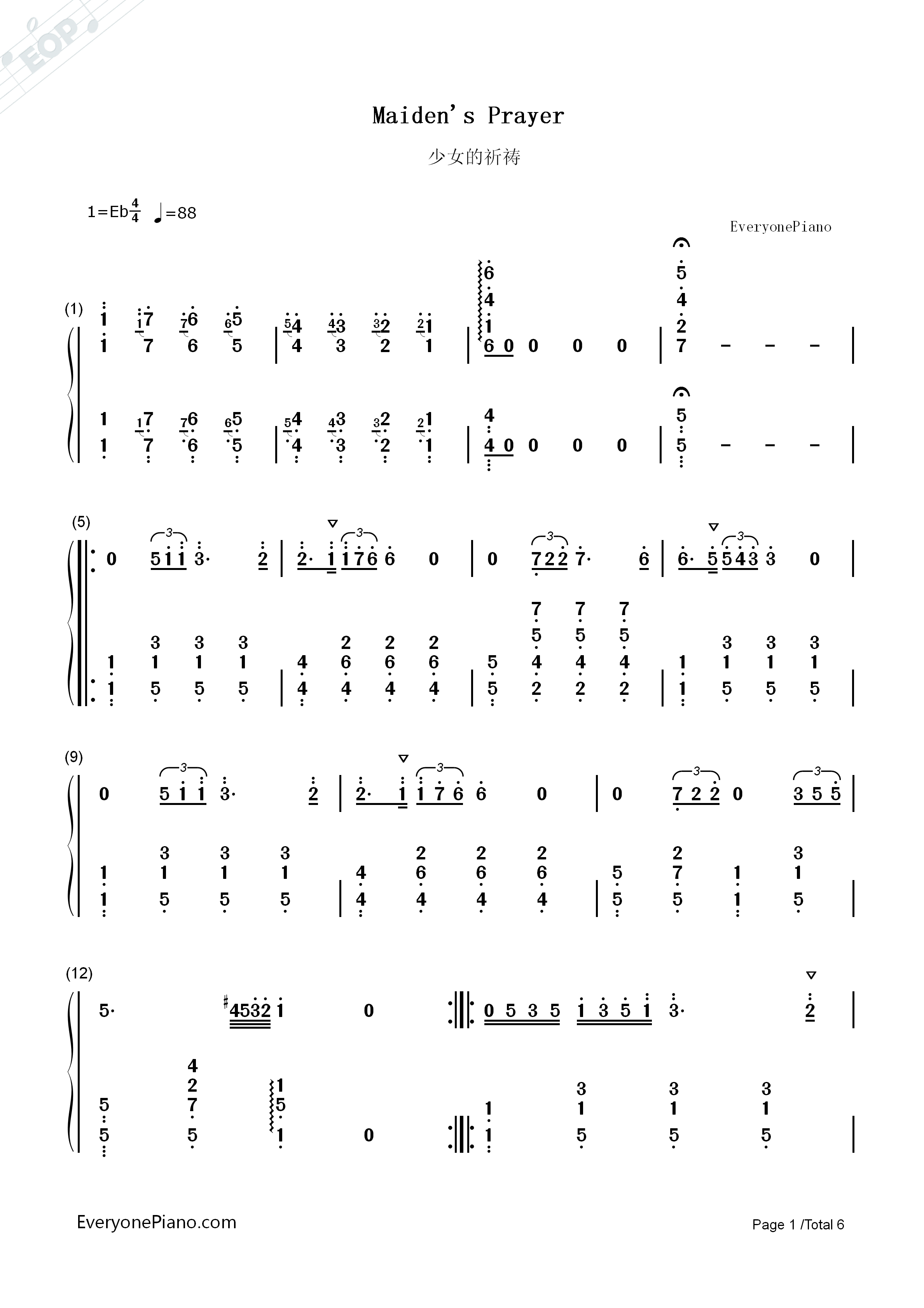 少女的祈祷（Maiden's_Prayer）钢琴简谱_巴达捷芙斯卡(Badarzewska)演唱