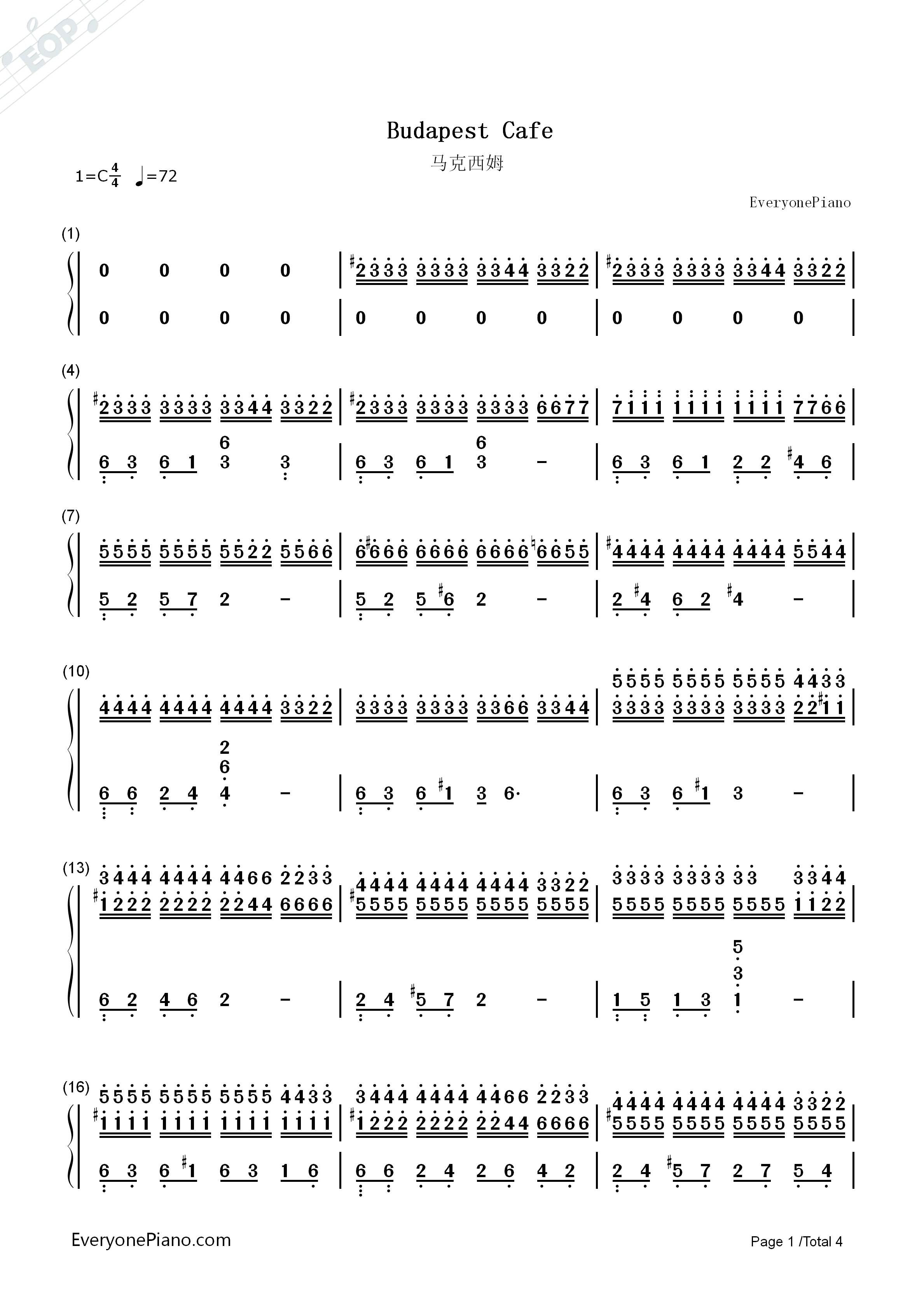 Budapest_Cafe钢琴简谱_马克西姆演唱
