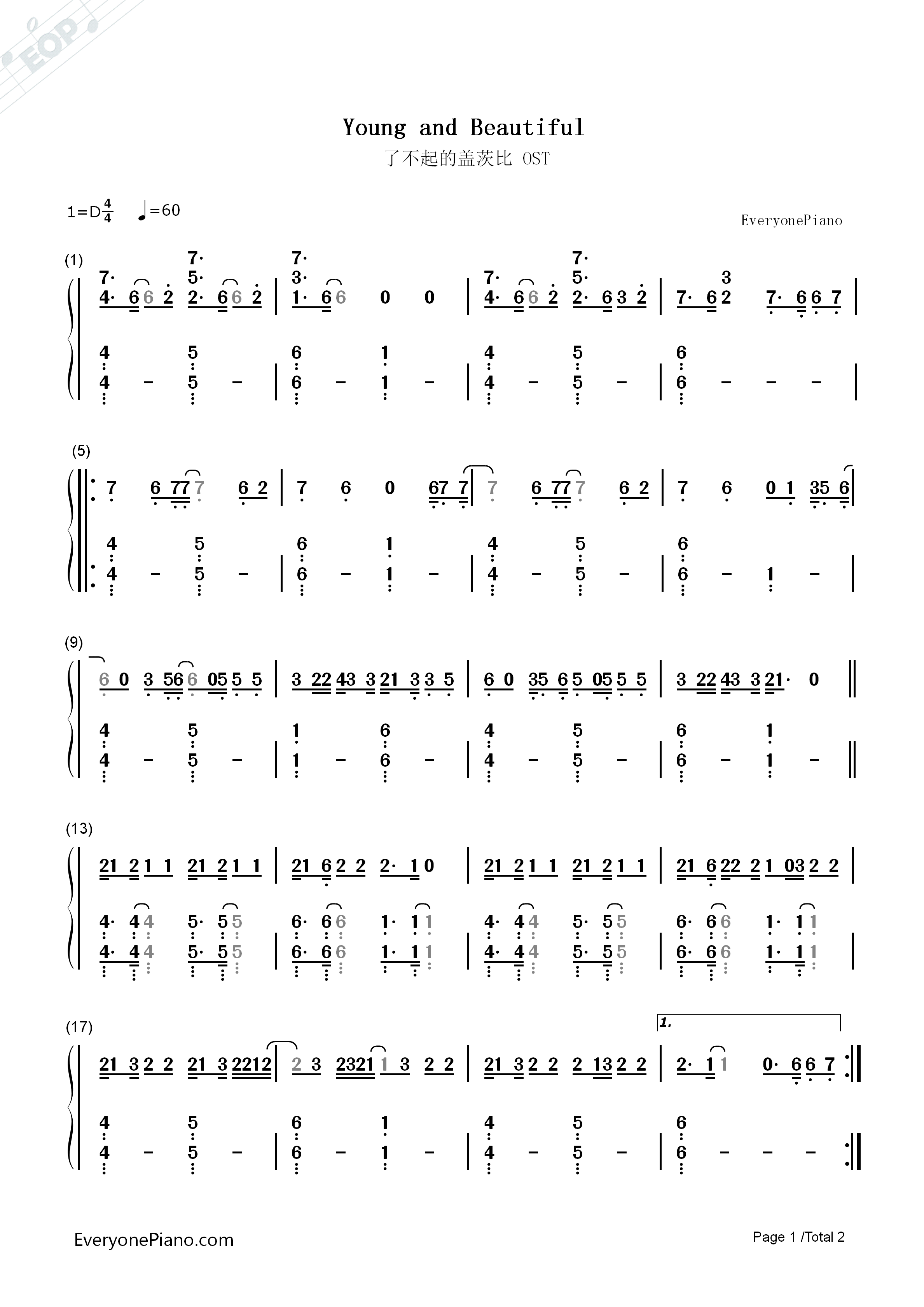 Young_and_Beautiful钢琴简谱_Lana_Del_Rey演唱