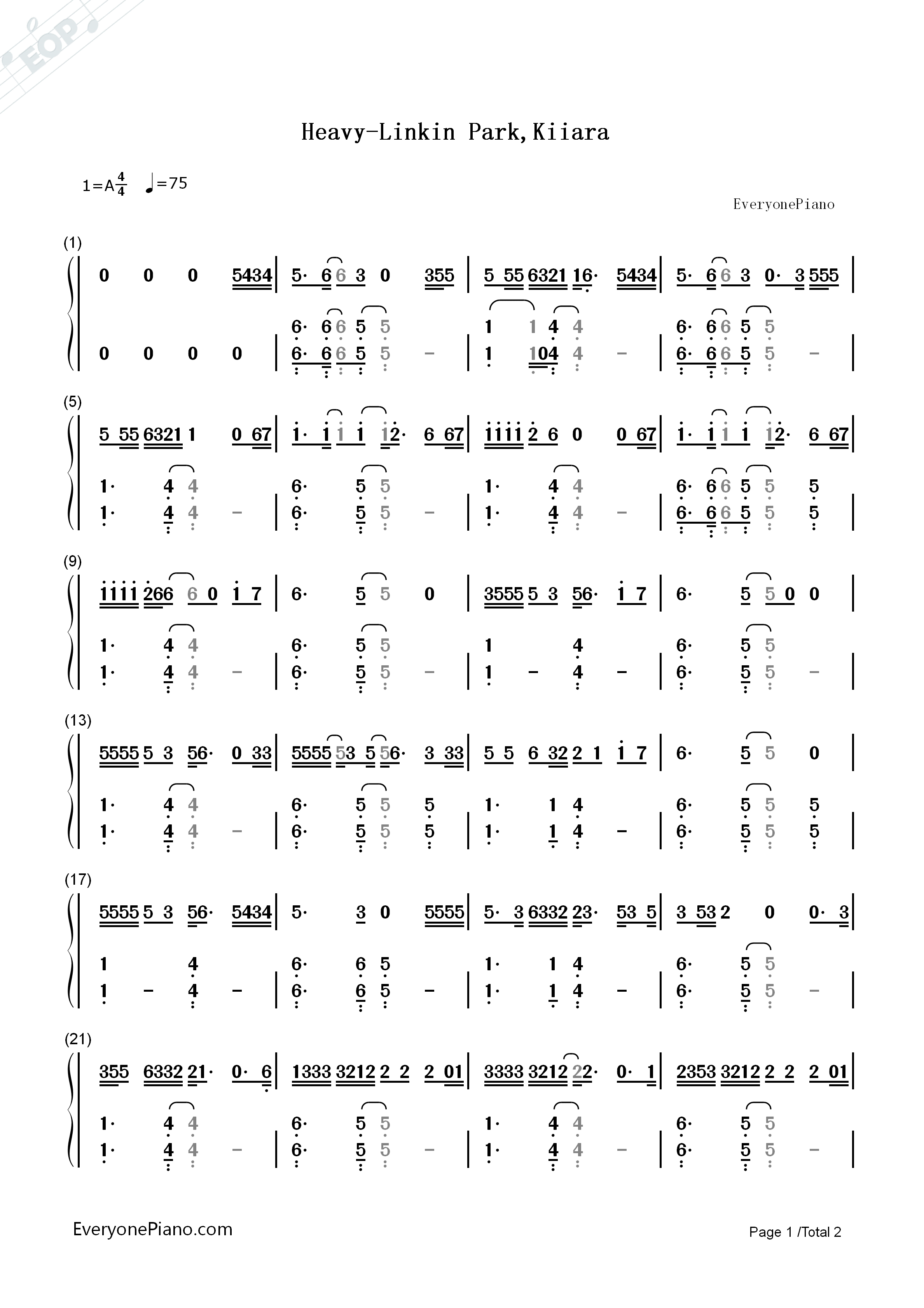 Heavy钢琴简谱_Linkin_Park_Kiiara演唱