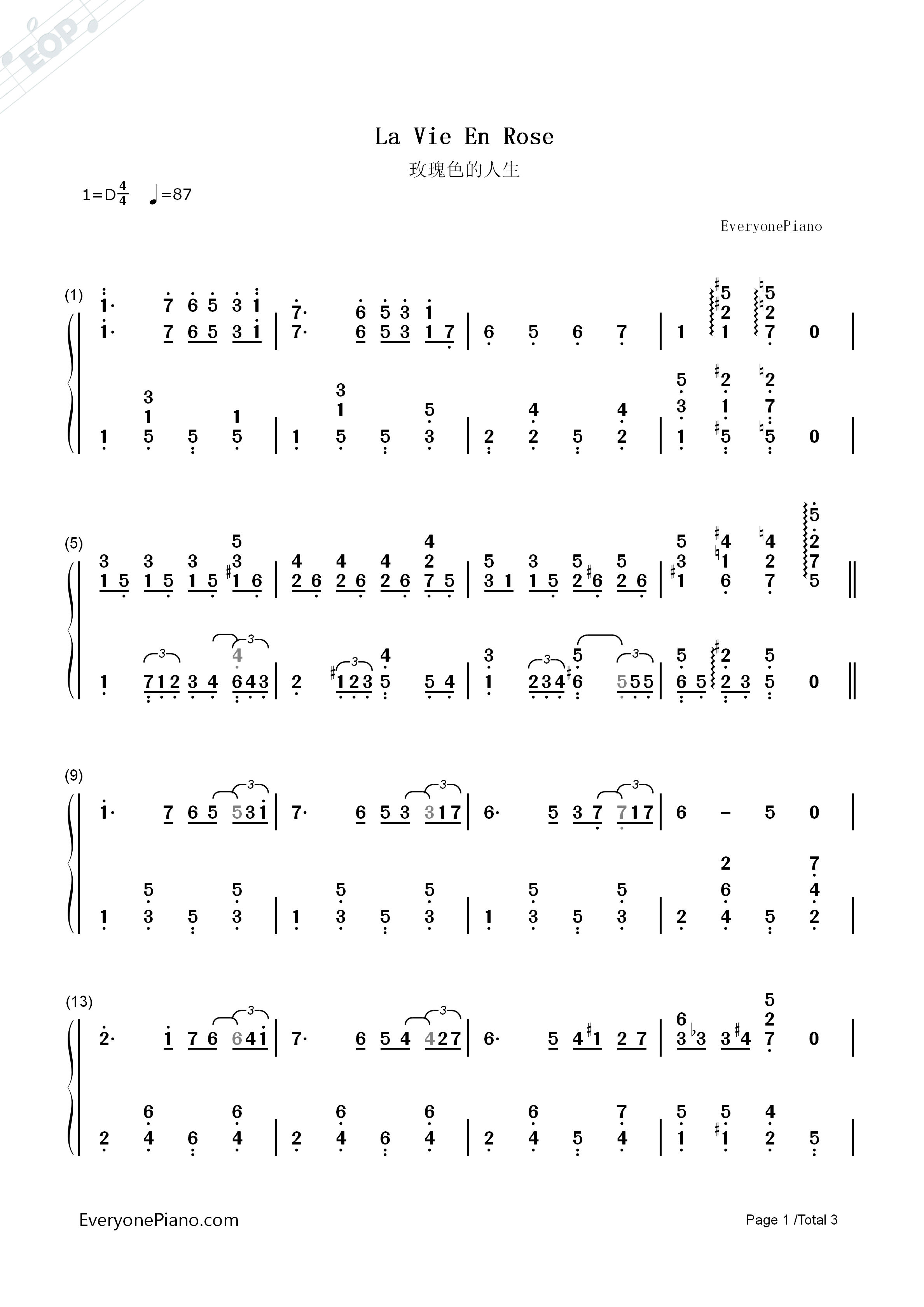 玫瑰色的人生钢琴简谱_理查德·克莱德曼演唱