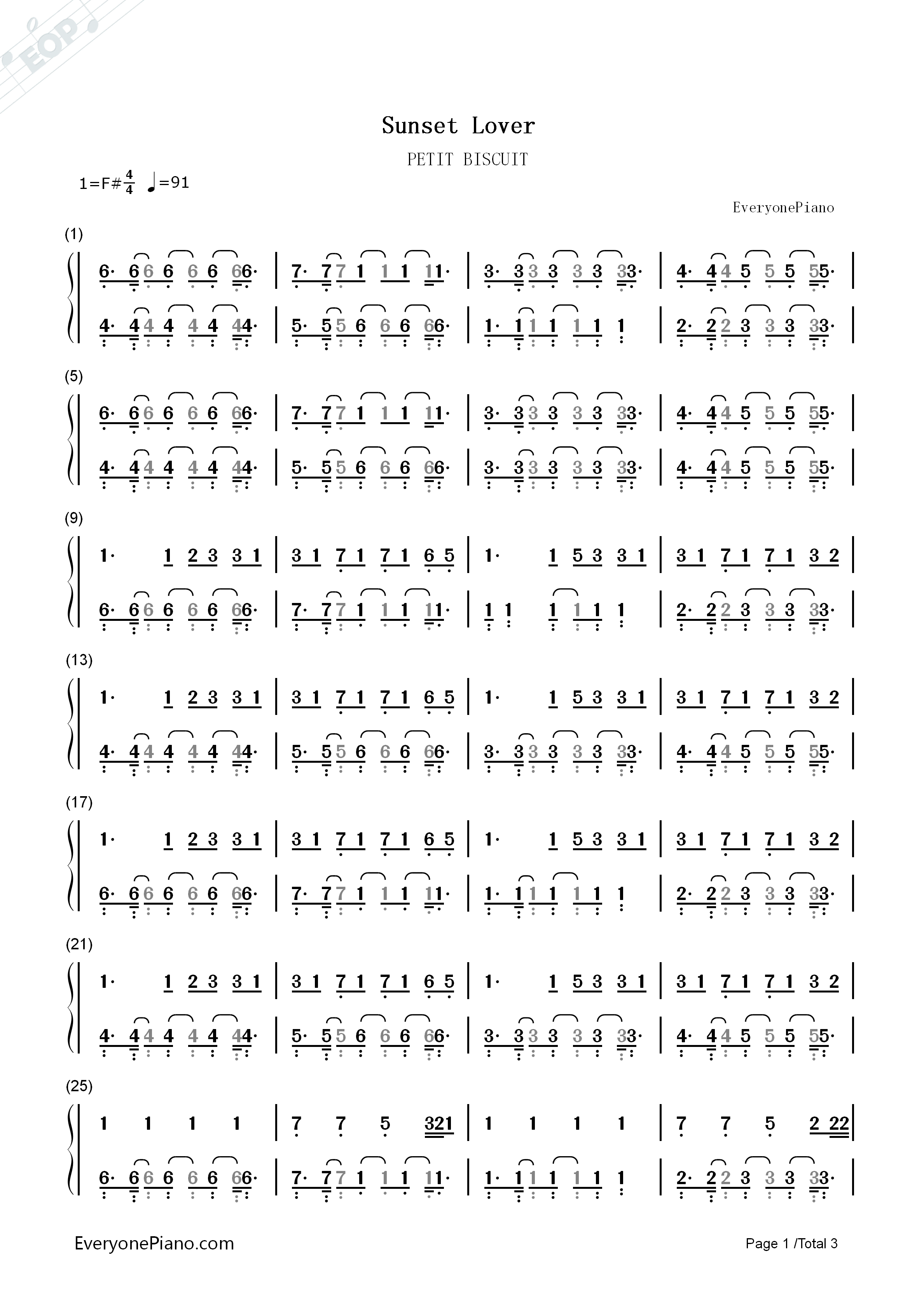 Sunset_Lover钢琴简谱_PETIT_BISCUIT演唱