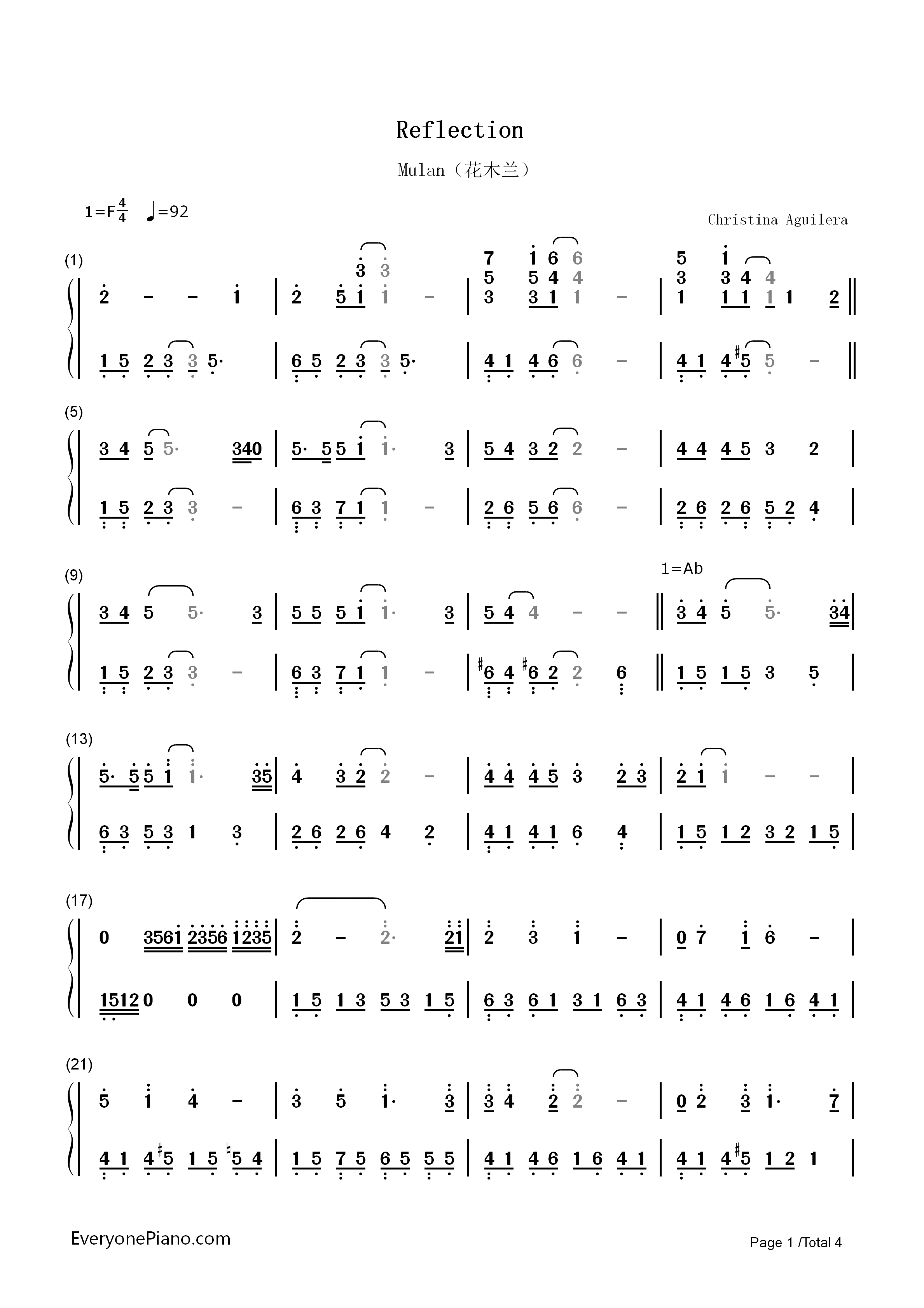 Reflection钢琴简谱_克莉丝汀娜__CHRISTINA_AGUIELRA演唱