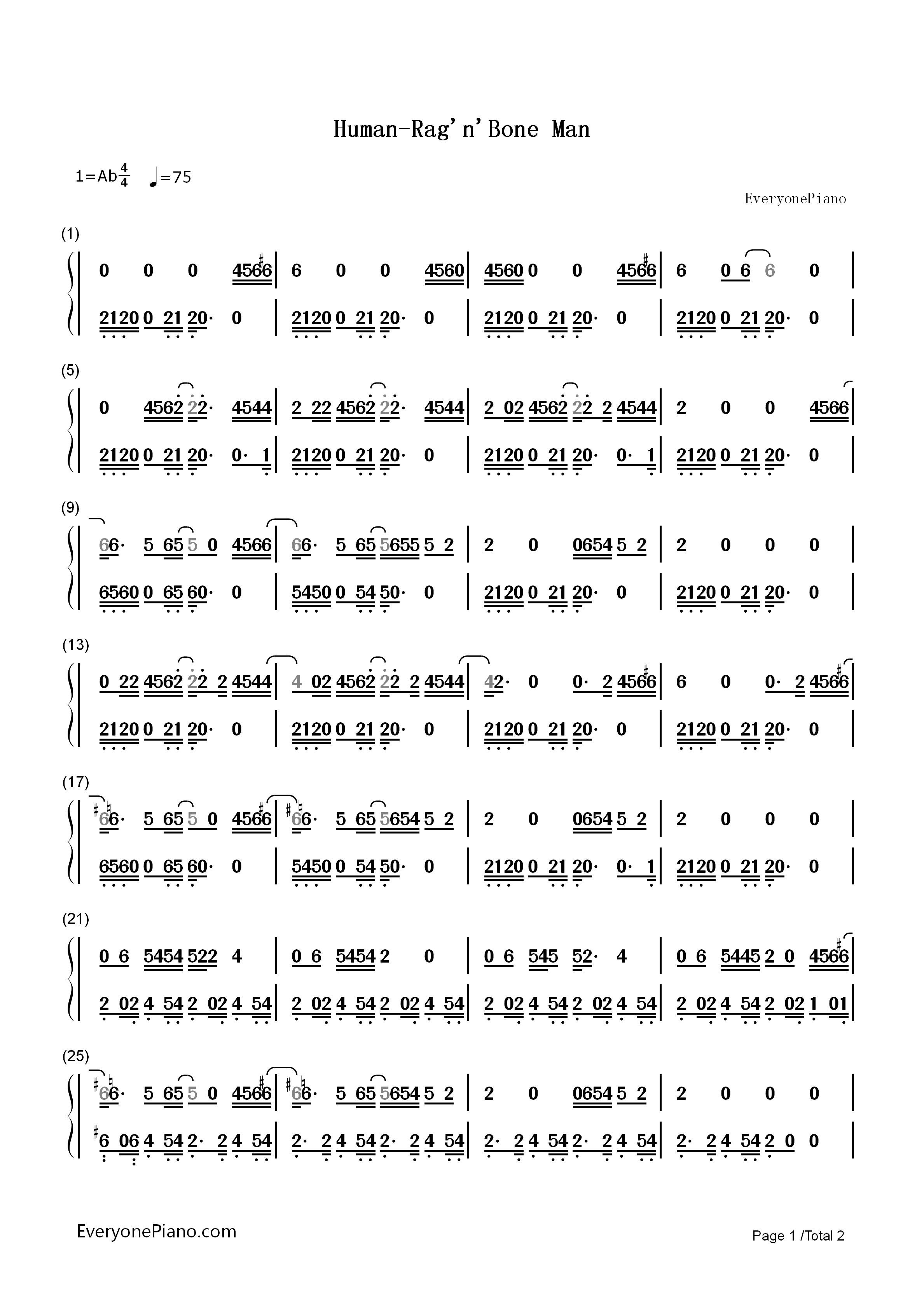 Human钢琴简谱_Rag'n'Bone_Man演唱