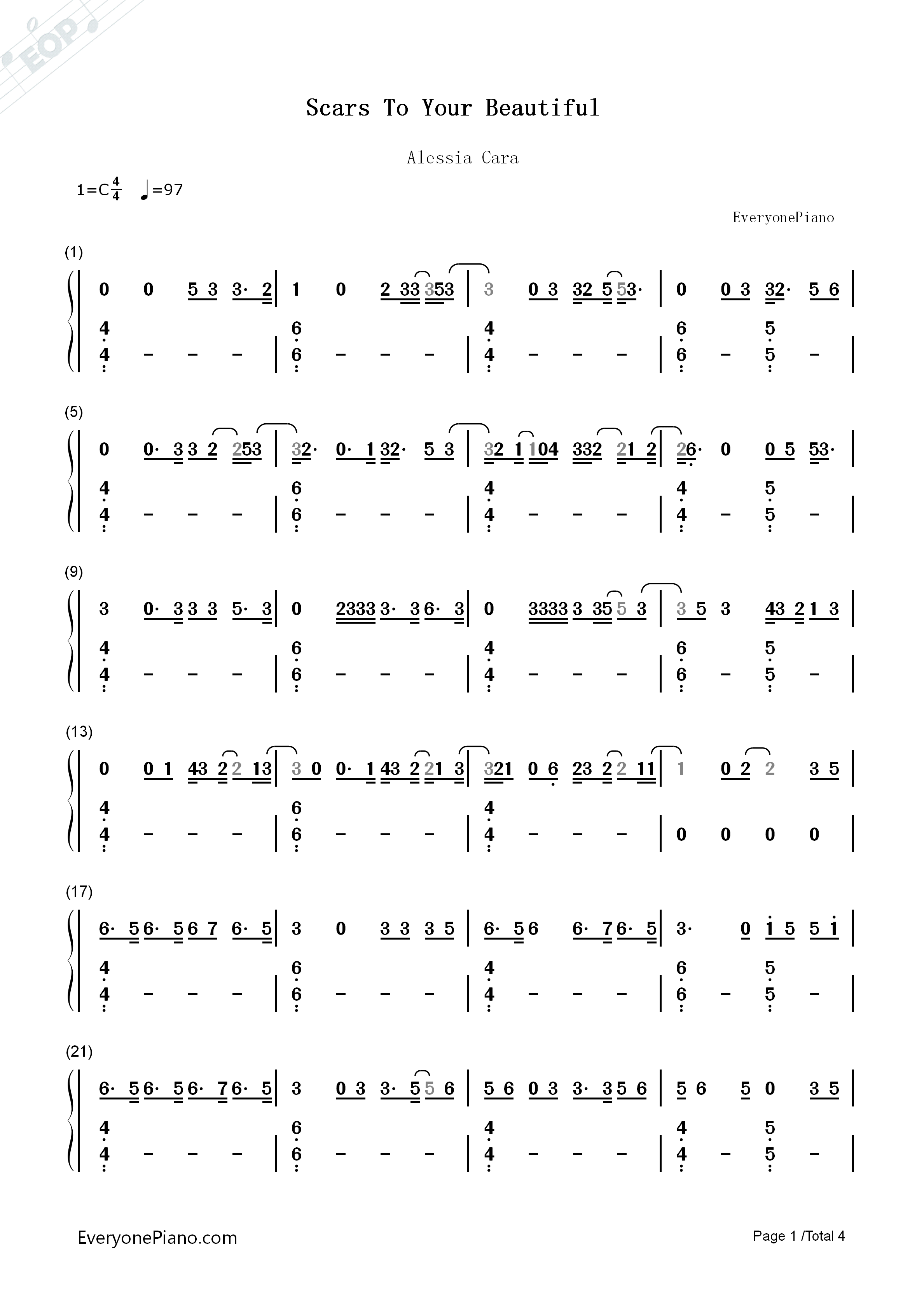 Scars_To_Your_Beautiful钢琴简谱_Alessia_Cara演唱