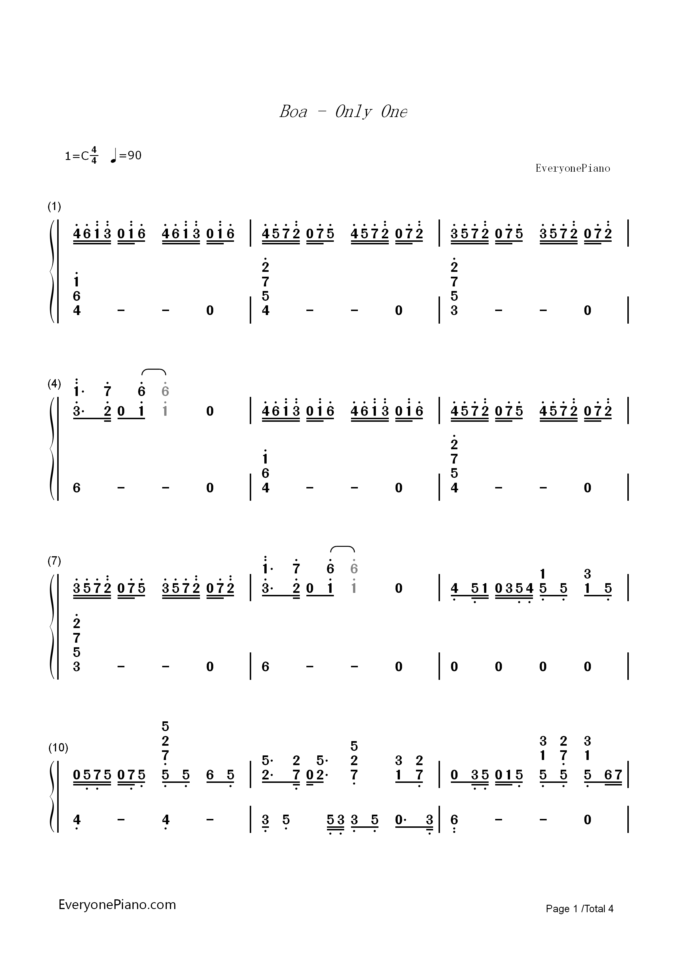 Only_One_钢琴简谱_BoA（宝儿）演唱