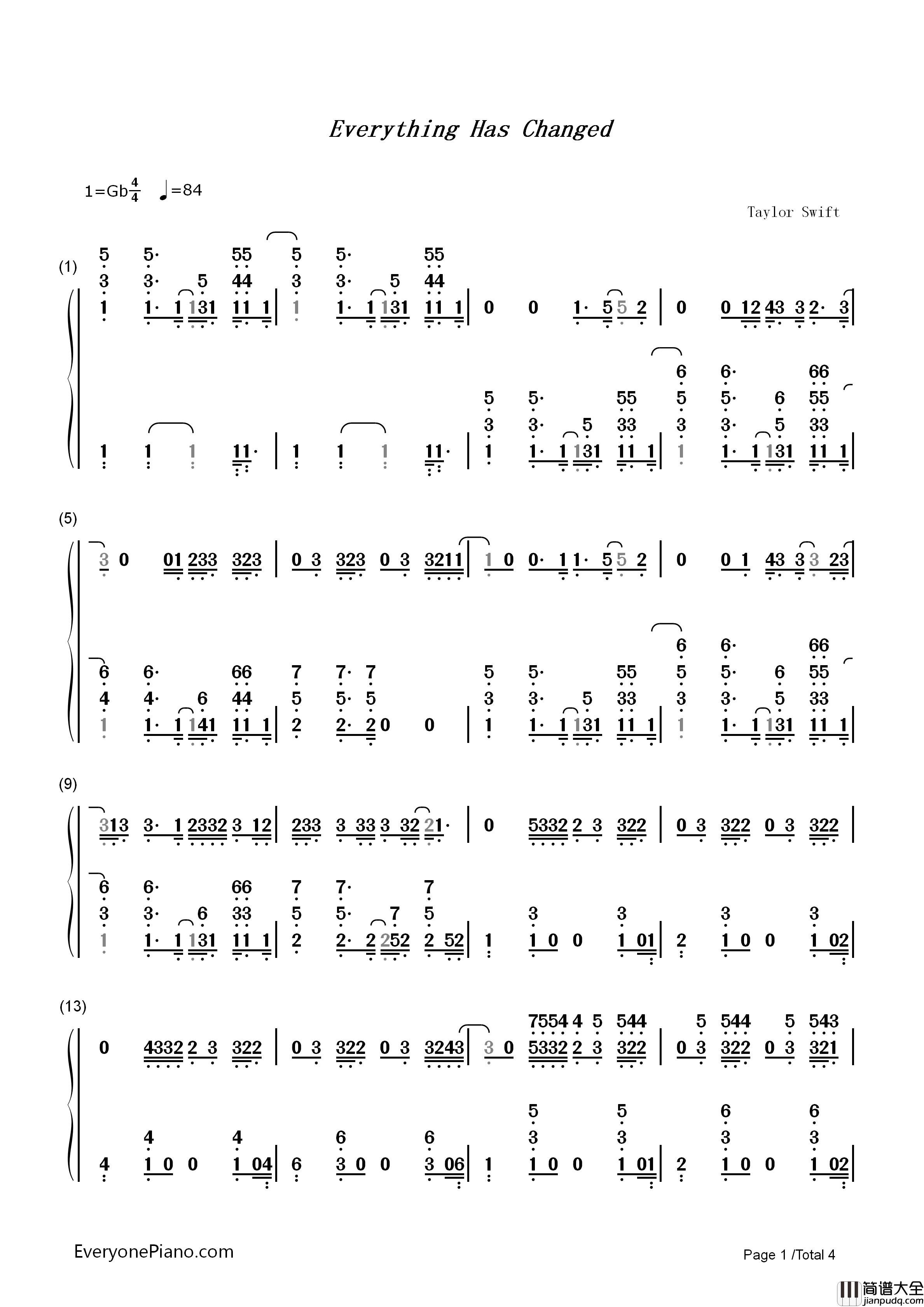 Everything_Has_Changed钢琴简谱_Taylor_Swift演唱
