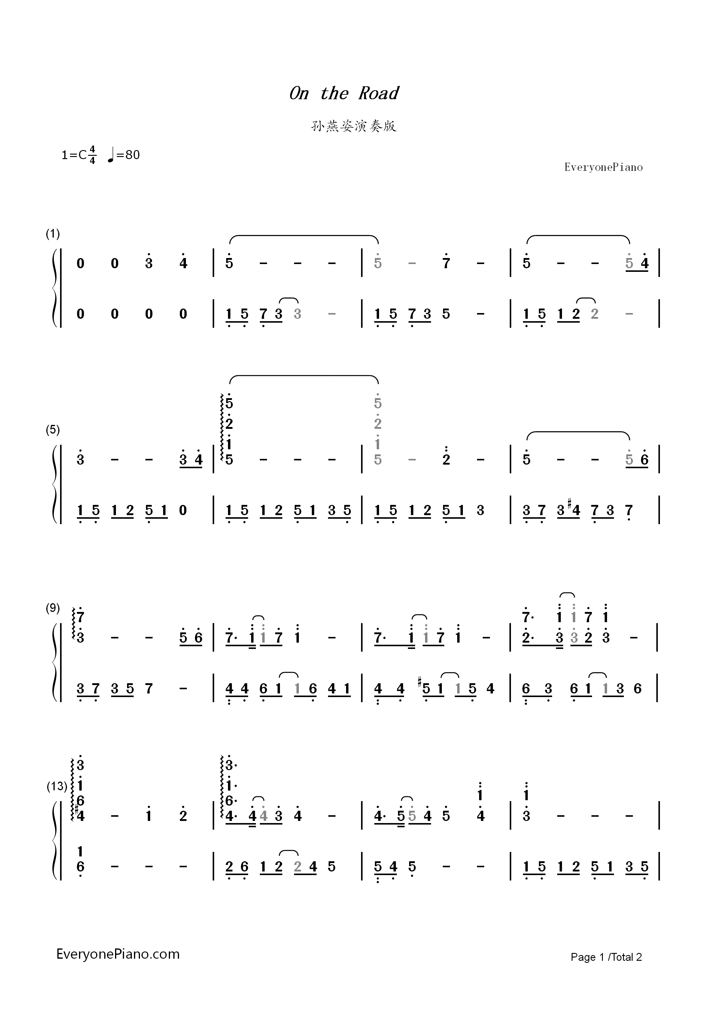 On_the_road钢琴简谱_孙燕姿演唱