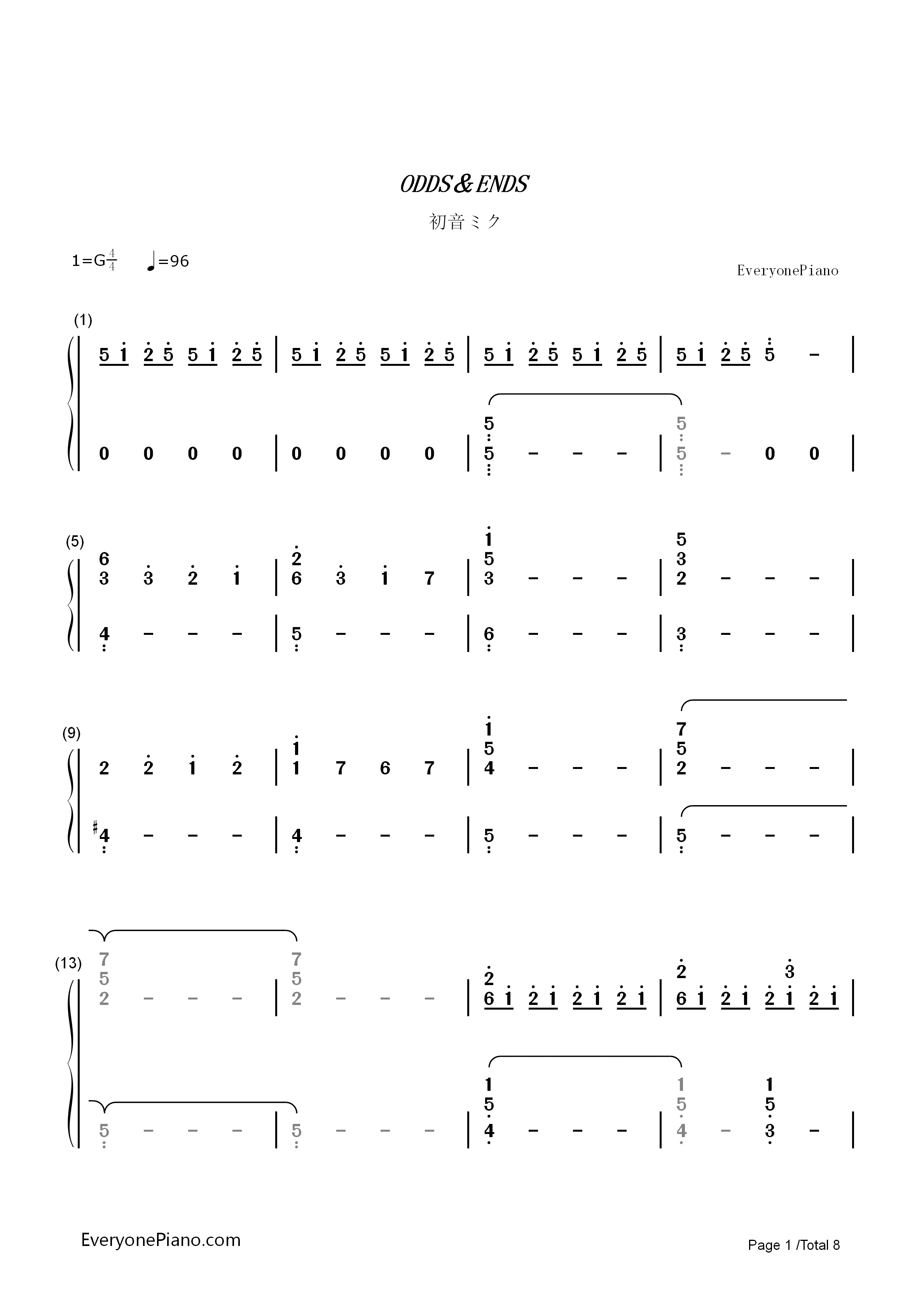 ODDS_ENDS钢琴简谱_初音ミク演唱