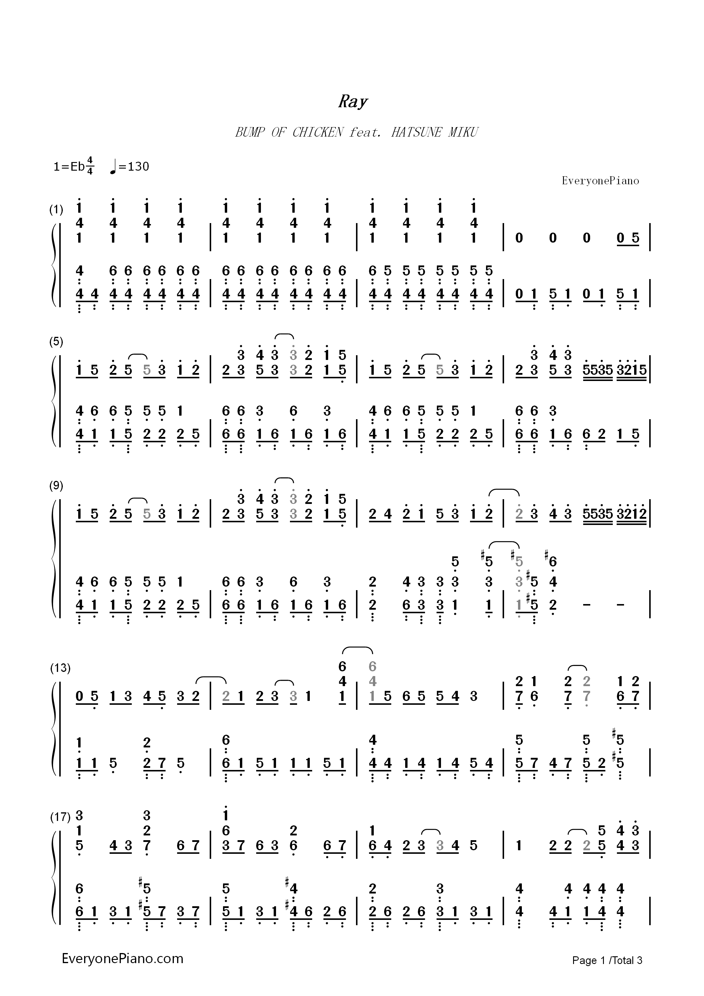 Ray钢琴简谱_Bump_of_Chicken_&_初音ミク演唱