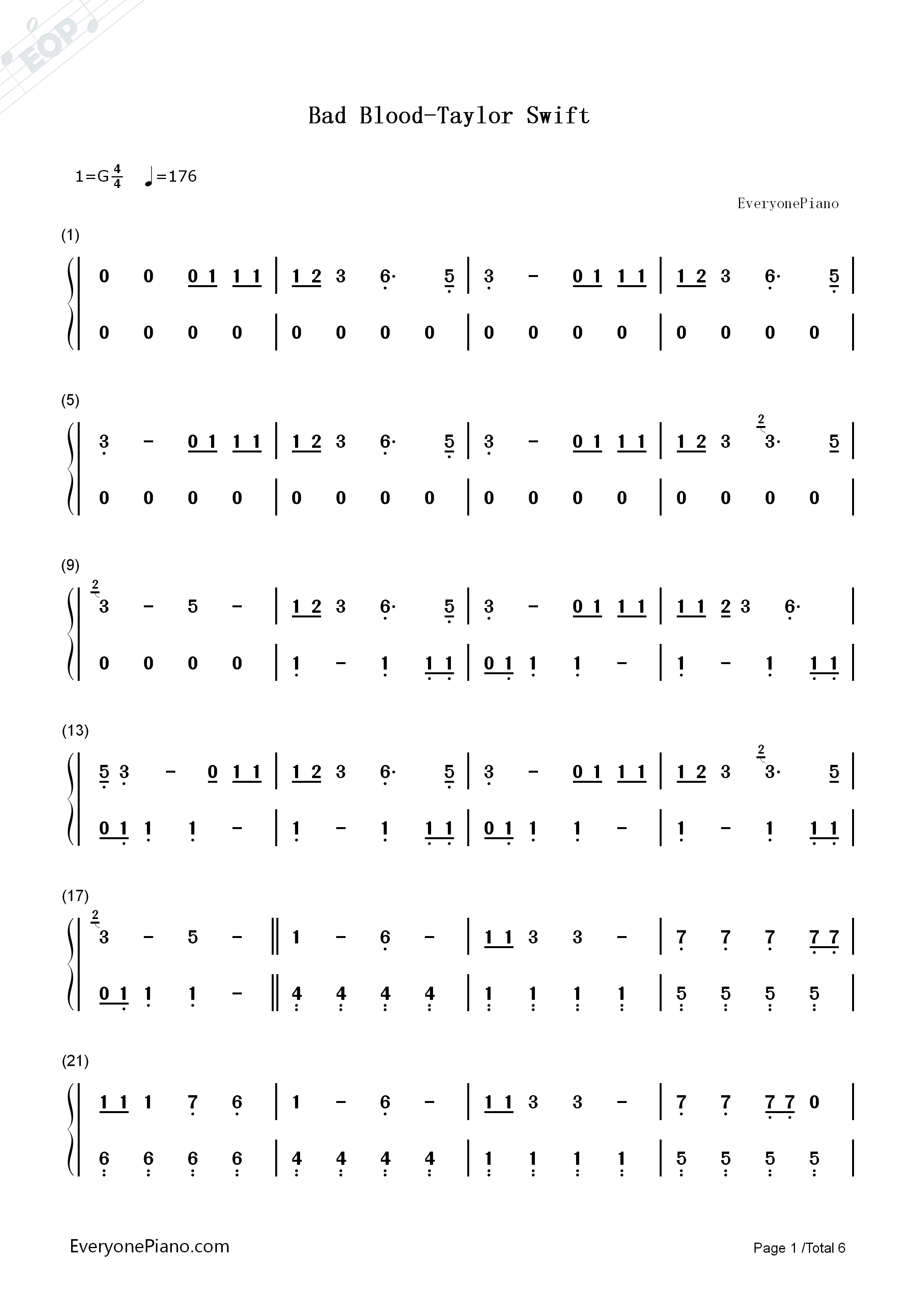 Bad_Blood钢琴简谱_Taylor_Swift演唱