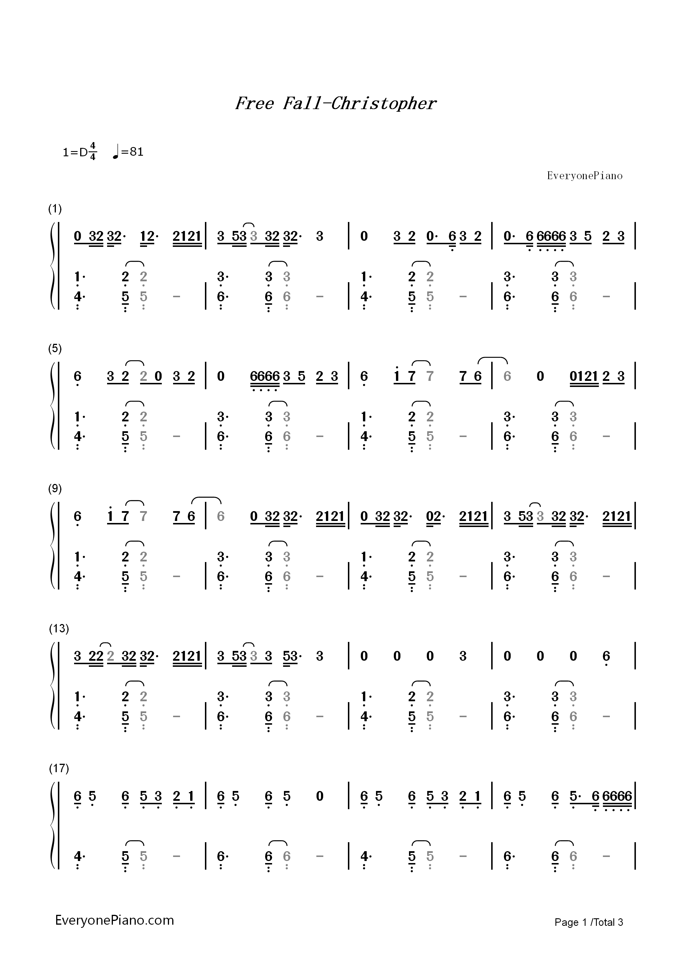 Free_Fall钢琴简谱_Christopher演唱