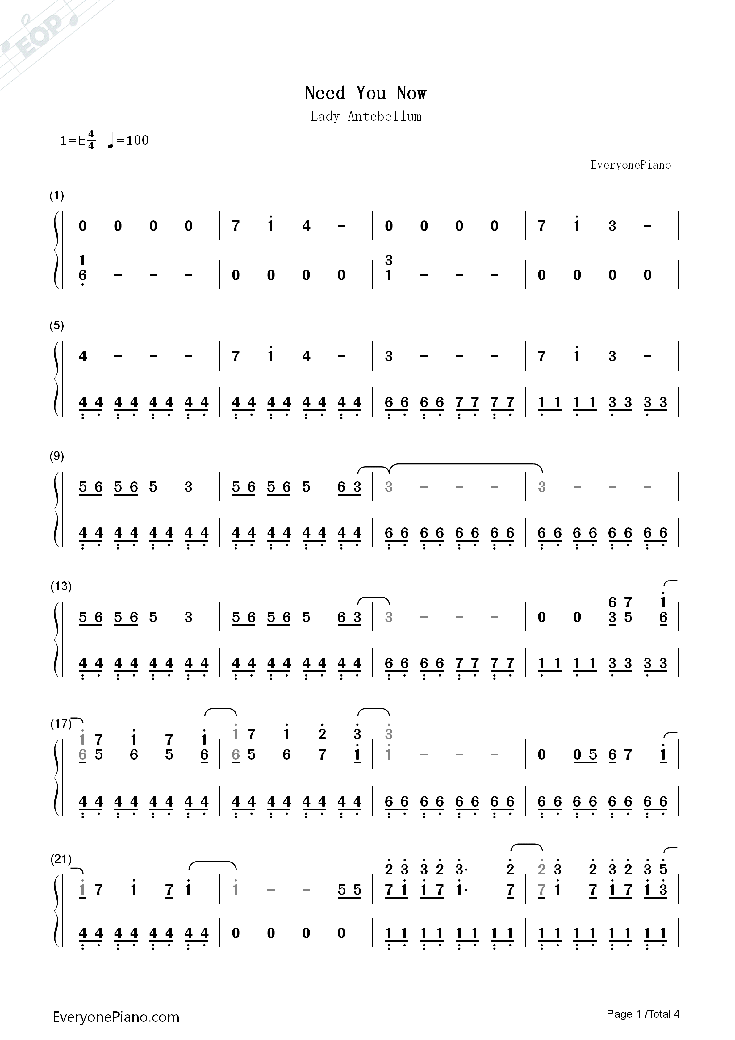 Need_You_Now钢琴简谱_Lady_Antebellum演唱