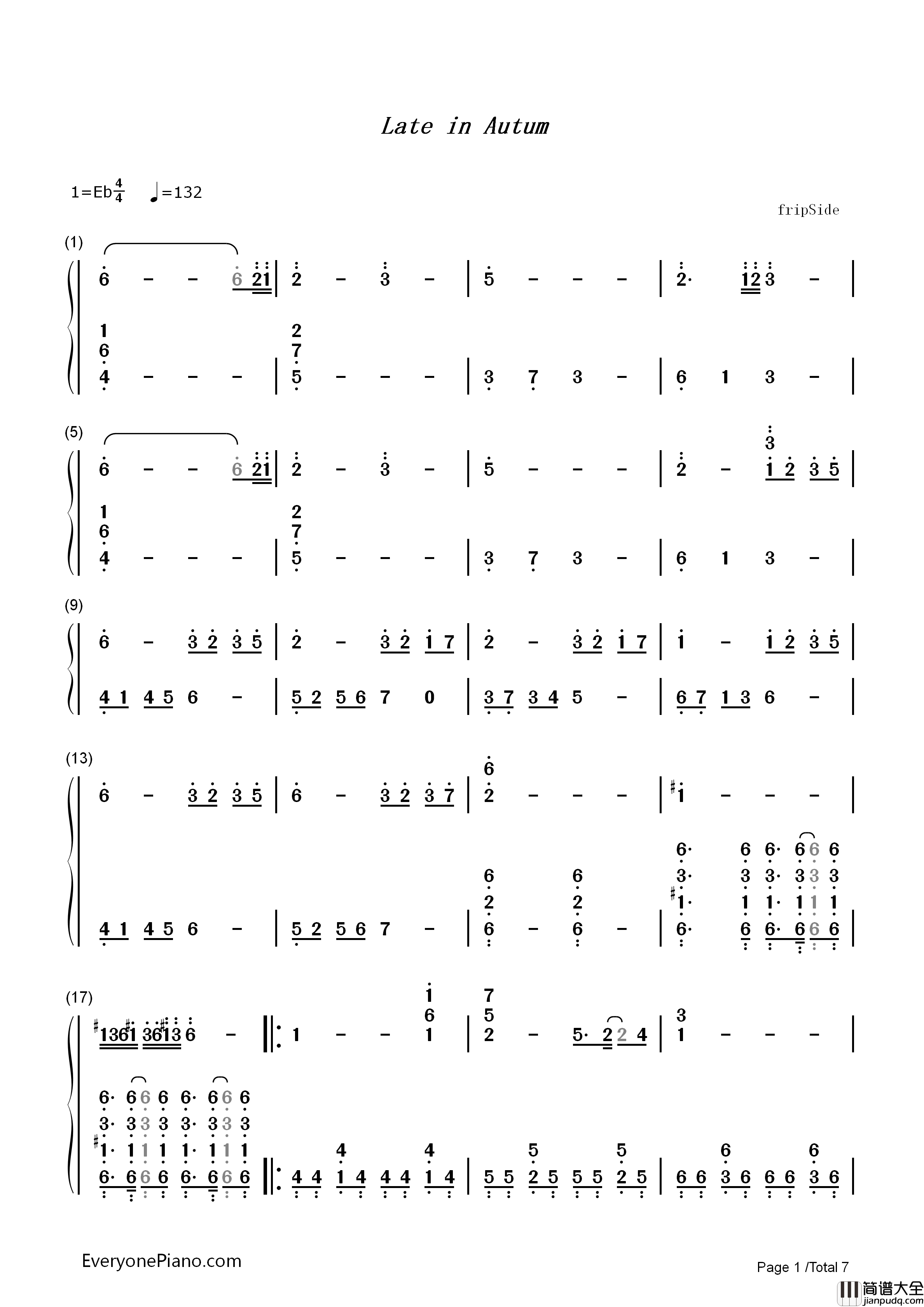 Late_in_Autumn钢琴简谱_fripSide演唱