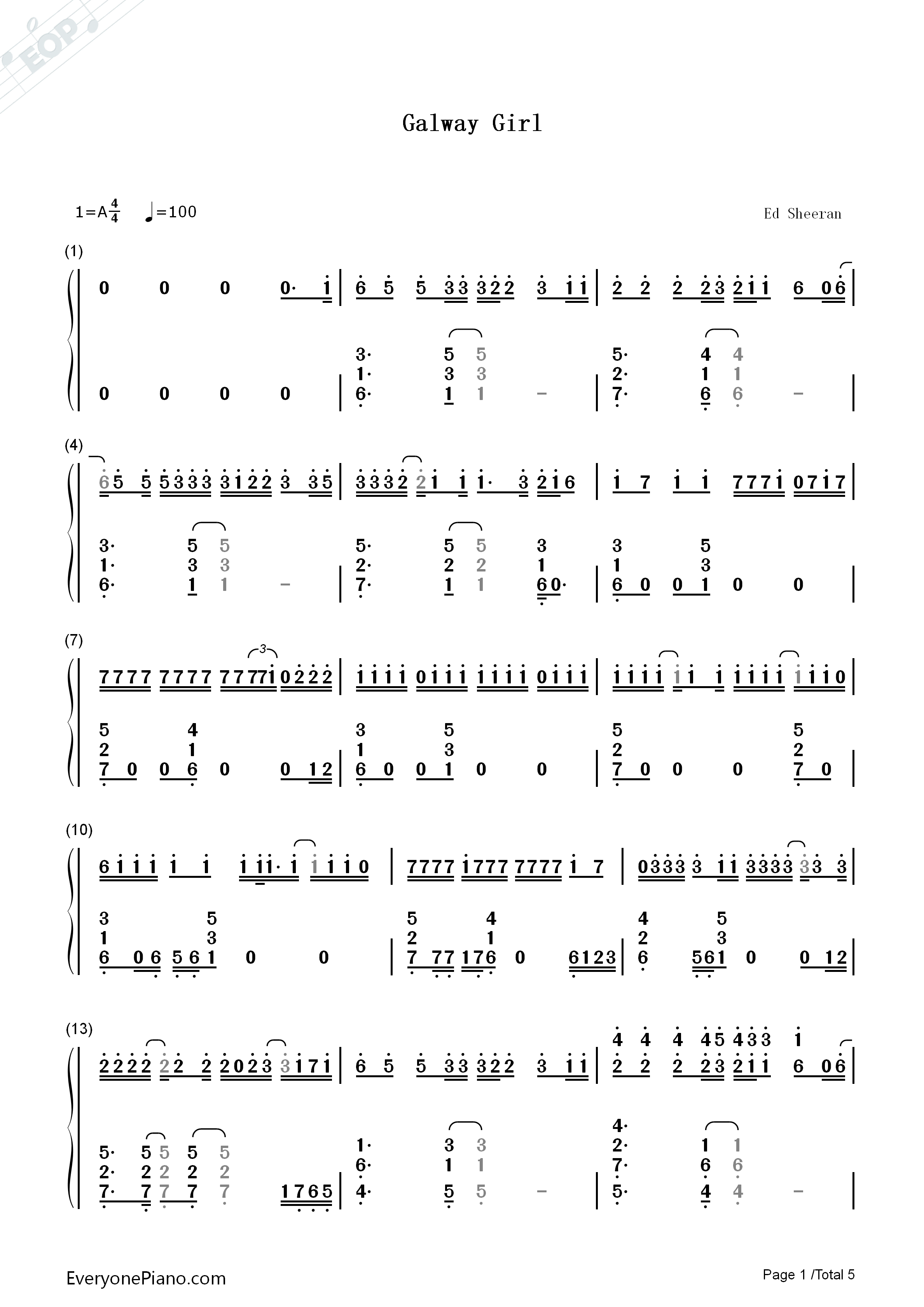 Galway_Girl钢琴简谱_Ed_Sheeran演唱