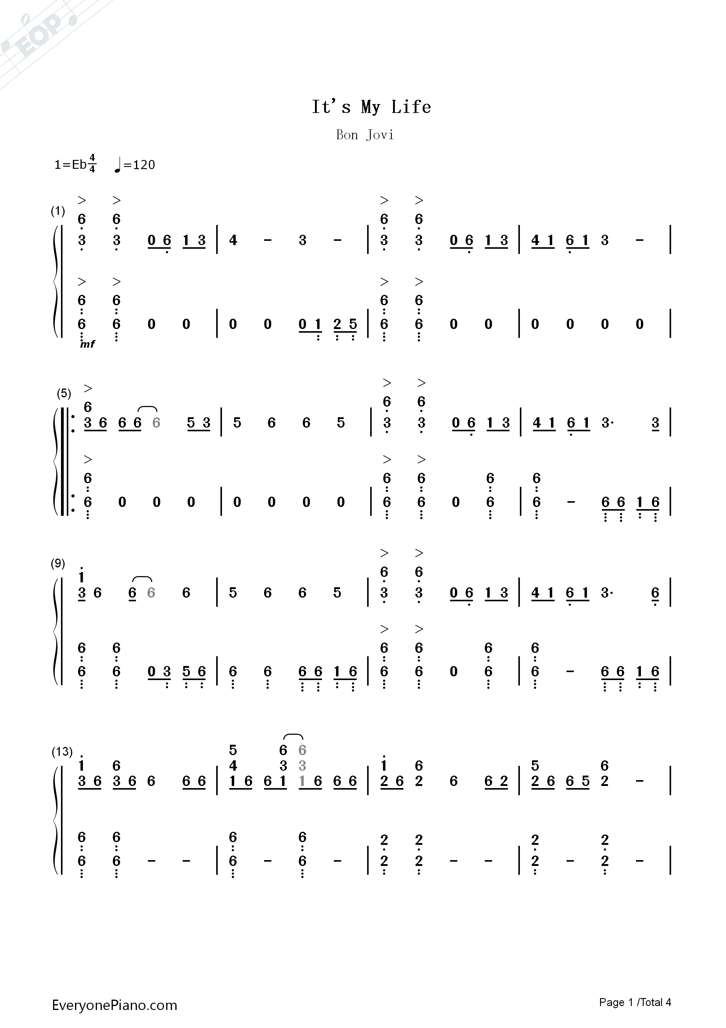 It's_My_Life钢琴简谱_Bonjovi演唱