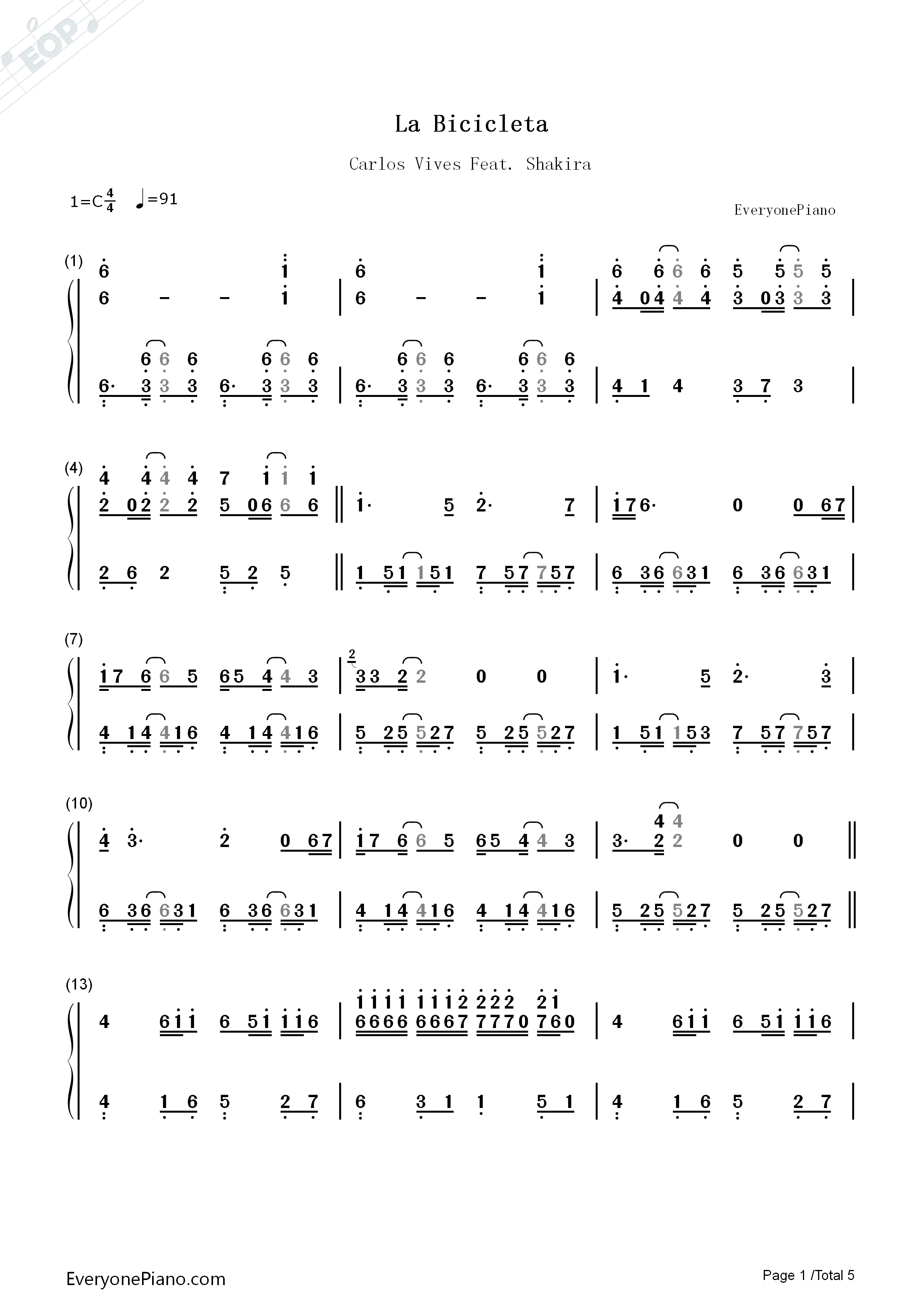 La_Bicicleta钢琴简谱_Carlos_Vives_ft._Shakira演唱