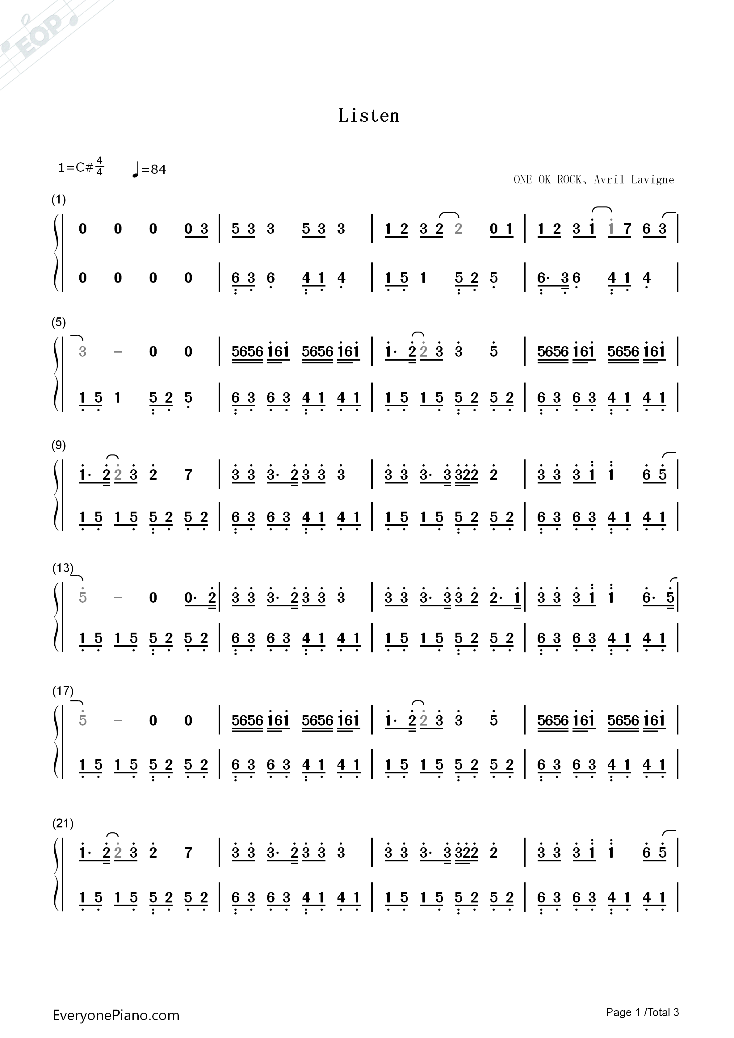 Listen钢琴简谱_ONE_OK_ROCK_ft._Avril_Lavigne演唱