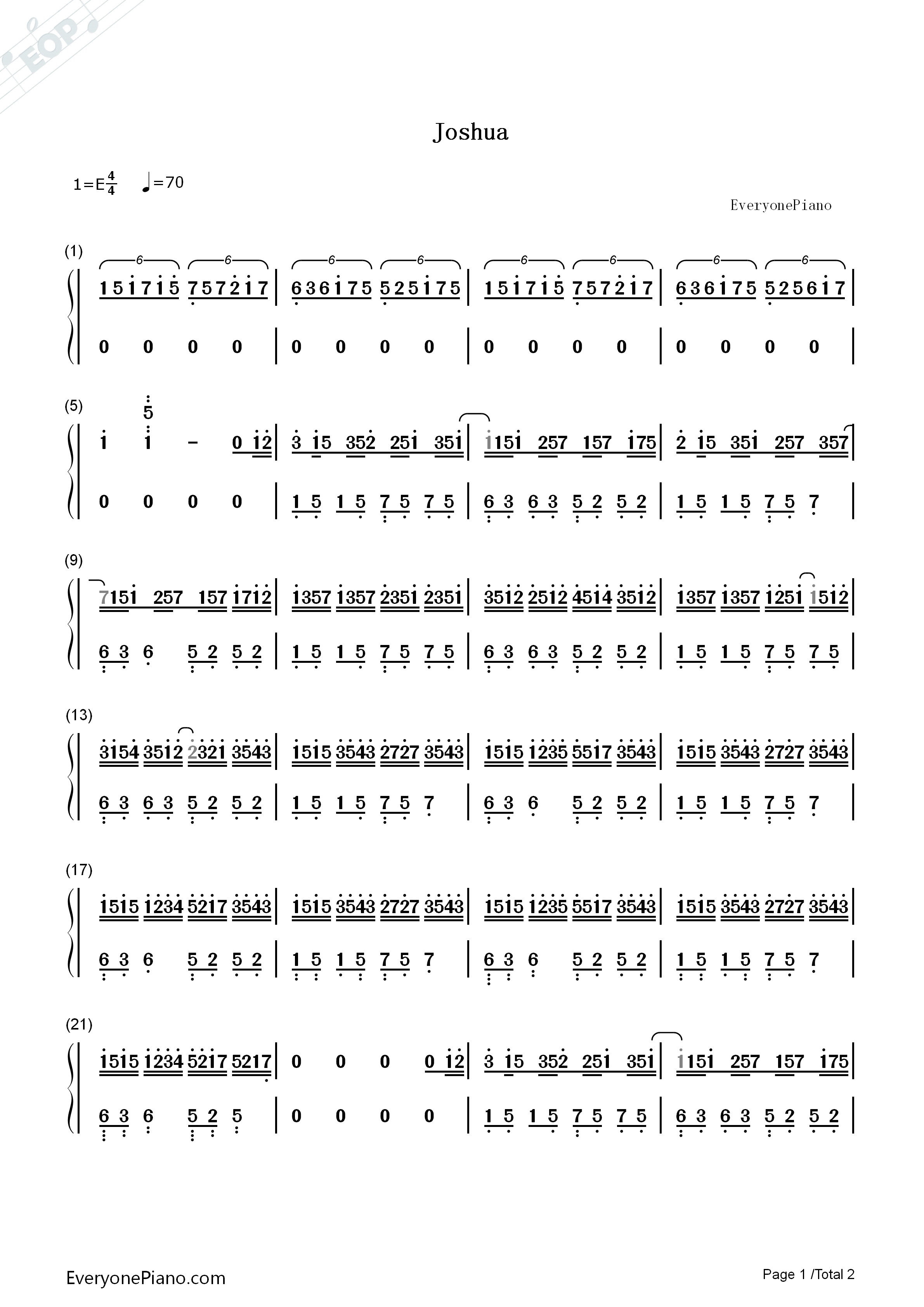 Joshua钢琴简谱_October演唱