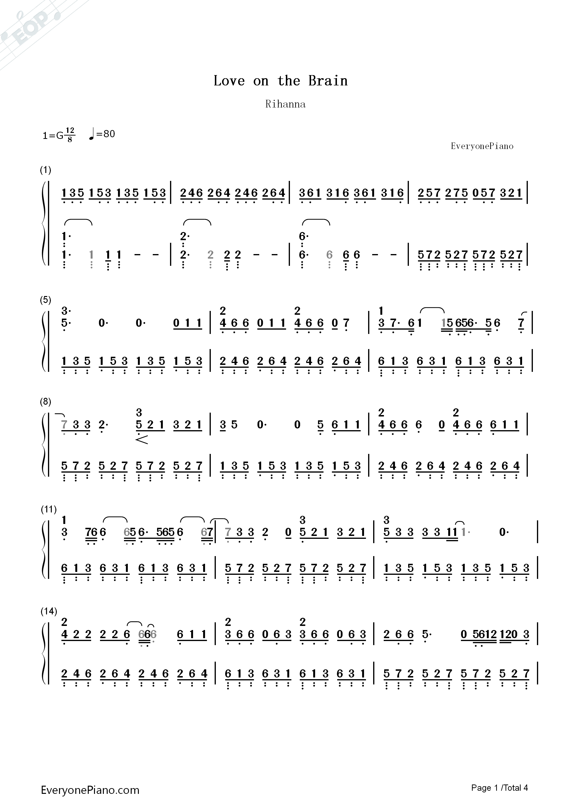 Love_on_the_Brain钢琴简谱_Rihanna演唱