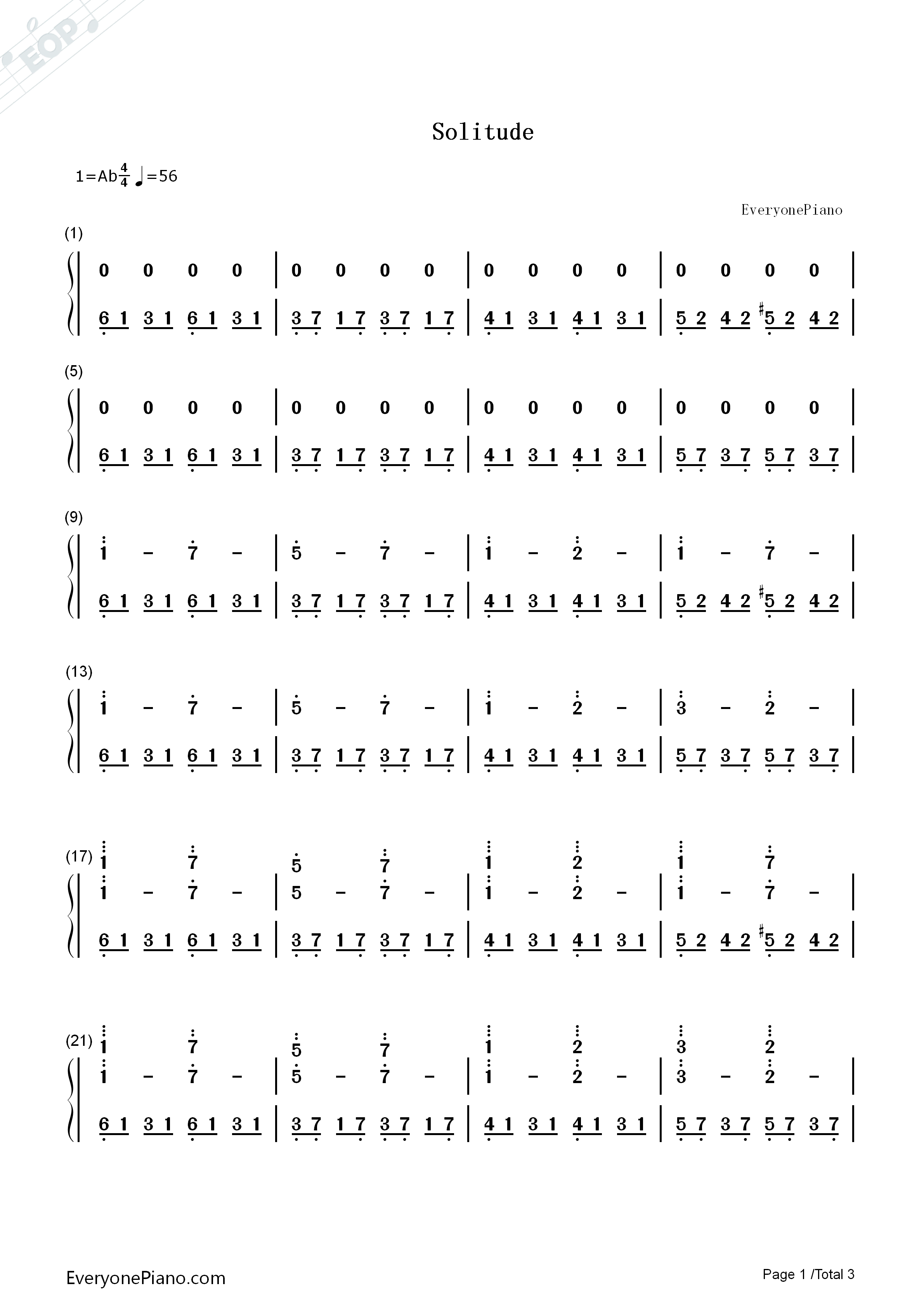 Solitude_钢琴简谱_坂本龙一演唱