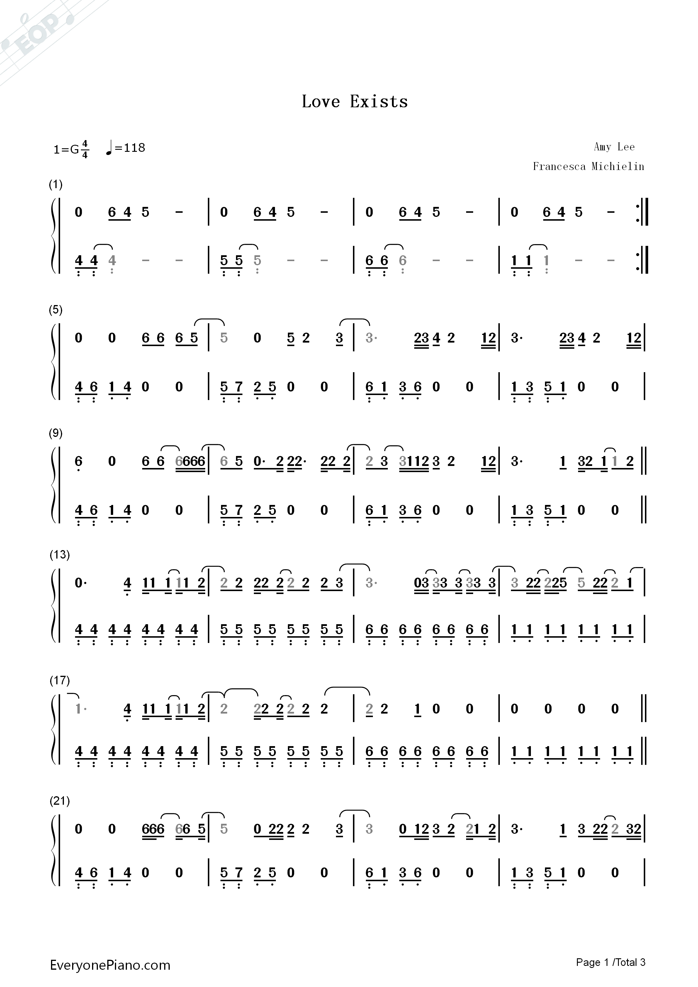Love_Exists钢琴简谱_Amy_Lee演唱