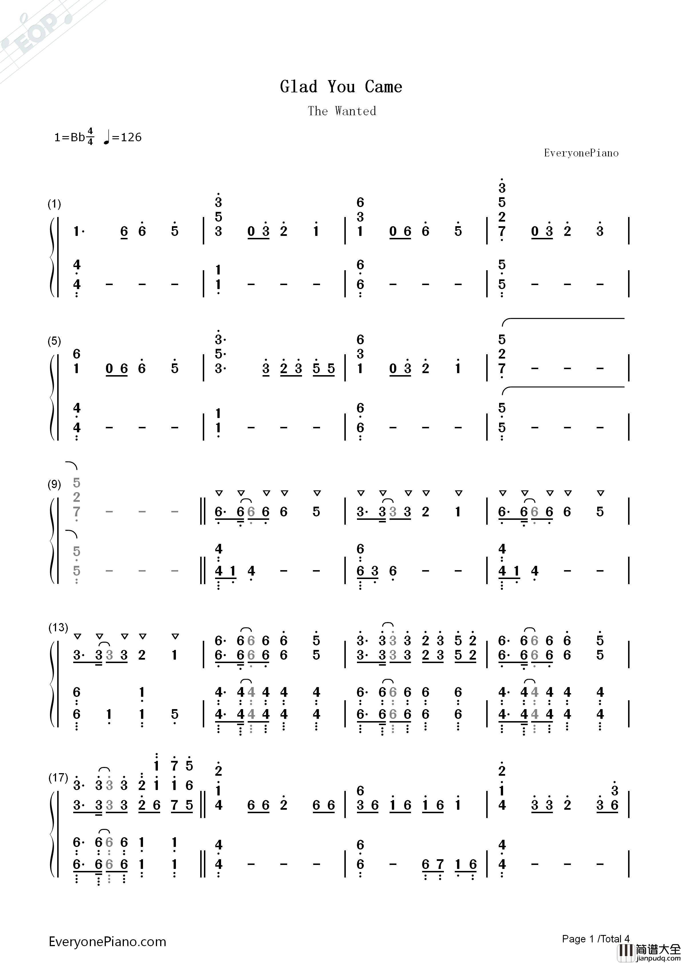 Glad_You_Came钢琴简谱_The_Wanted演唱
